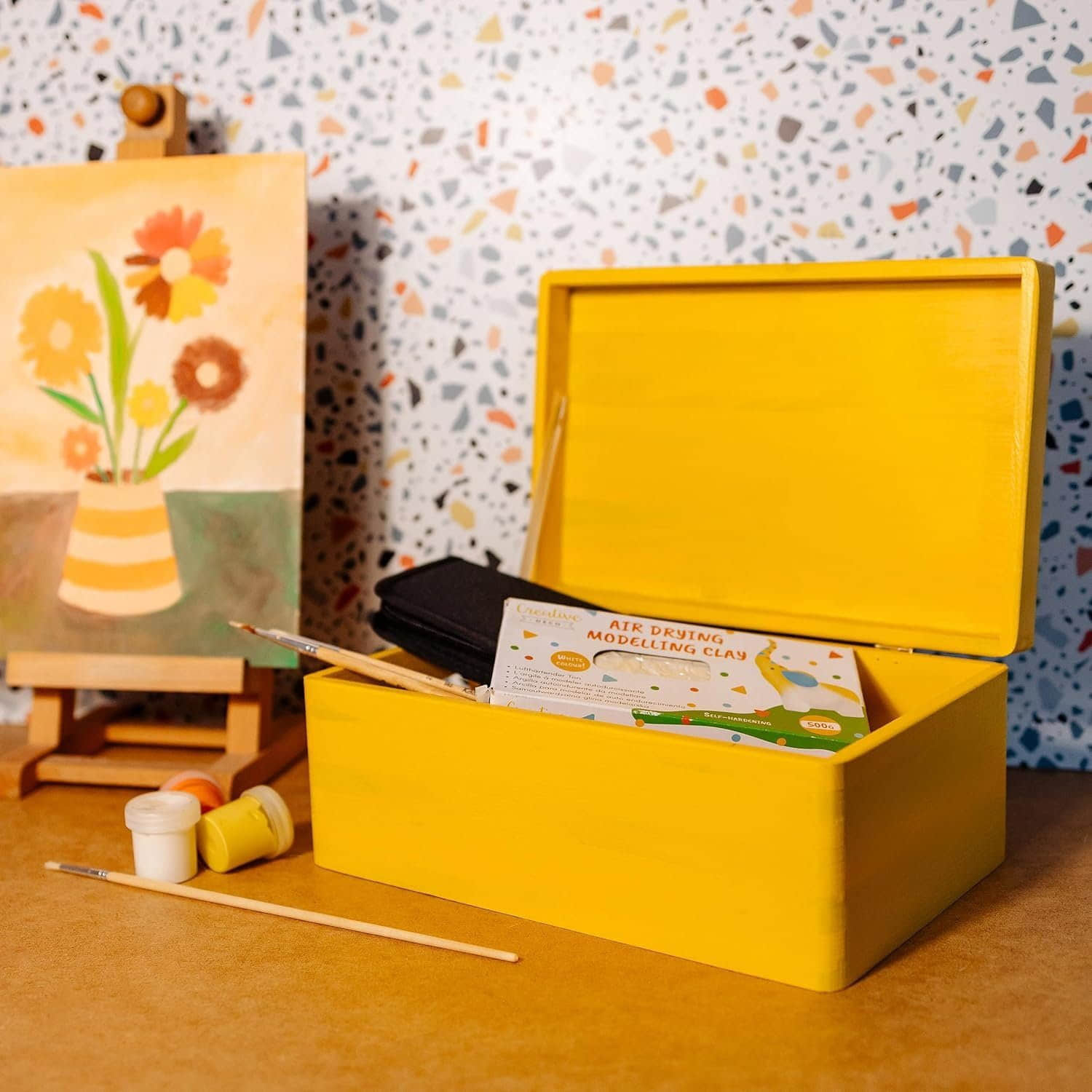 Creative Deco Holzkiste mit Deckel | Große Aufbewahrungsbox 30x20x14 cm | Massivholz Erinnerungskiste für Baby, Wein, Werkzeuge & Deko Gelb Creative Deco Aufbewahrung
