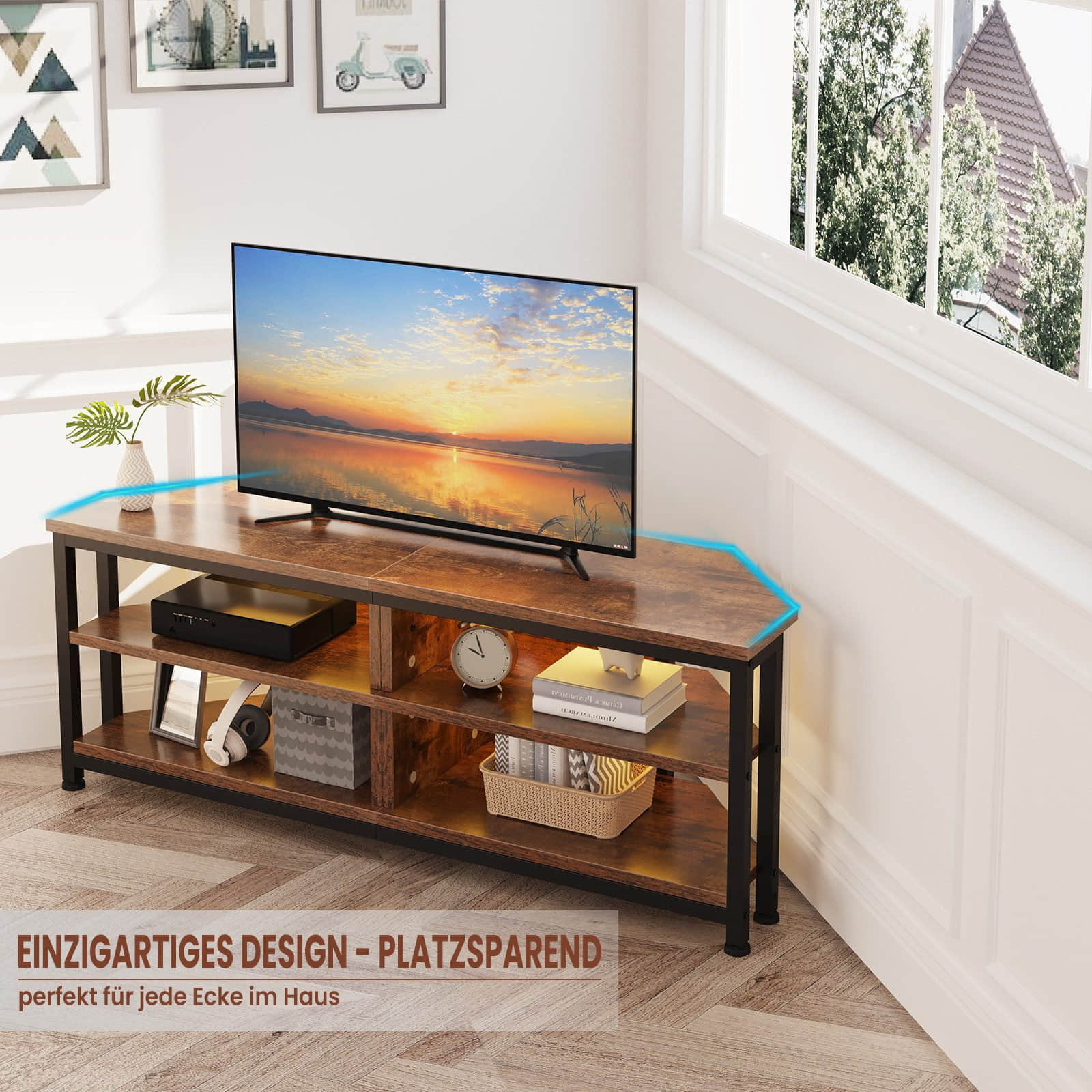 DRIPEX Corner TV Cabinet with LED Lights - 106cm Wide Retro Brown Lowboard (MDF) for 65" TVs | 2 Storage Compartments | Space-Saving Design 120cm Braun Kommoden & Sideboards Dripex