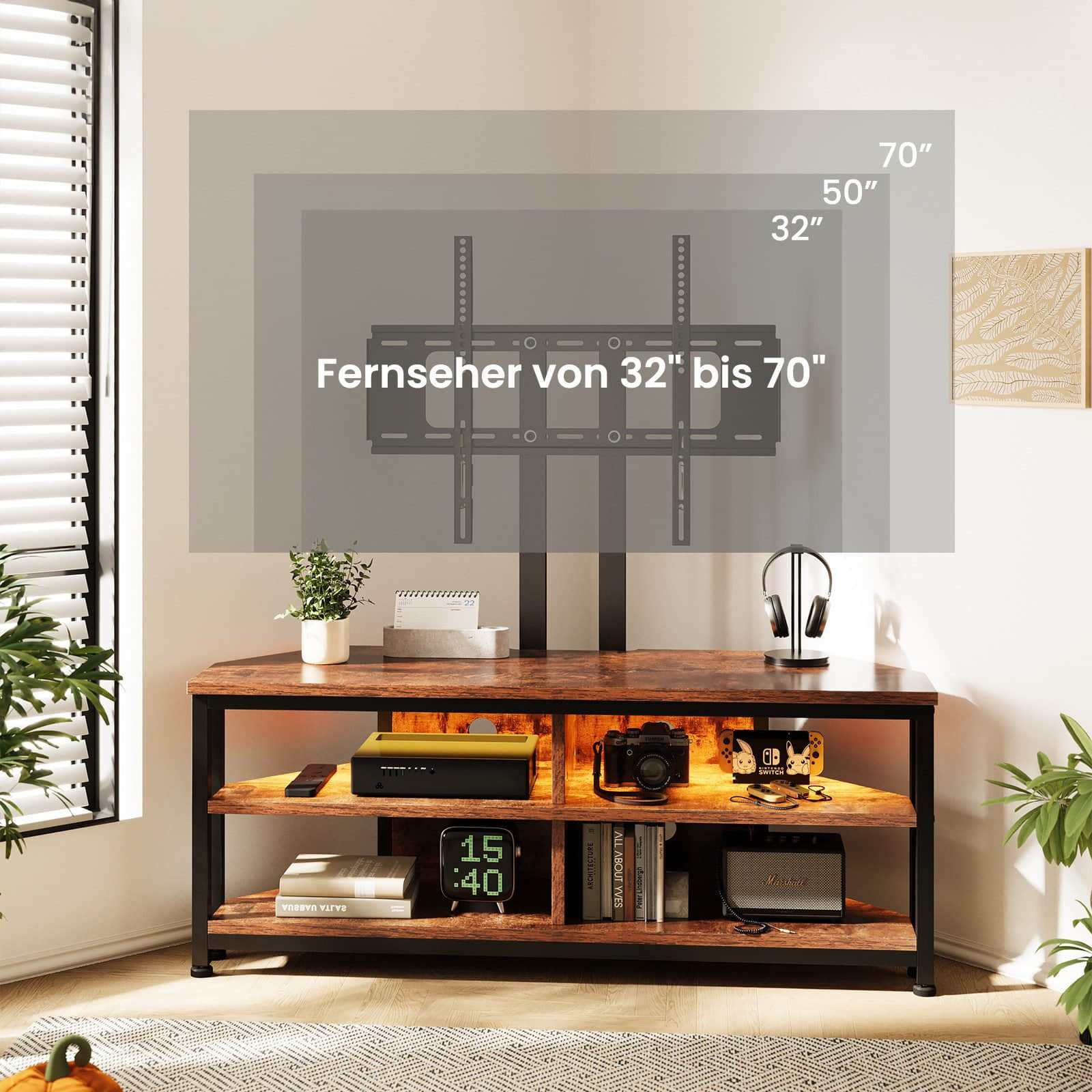Dripex Kommoden & Sideboards DRIPEX Corner TV Cabinet with LED Lights - 106cm Wide Retro Brown Lowboard (MDF) for 65" TVs | 2 Storage Compartments | Space-Saving Design 106cm mit