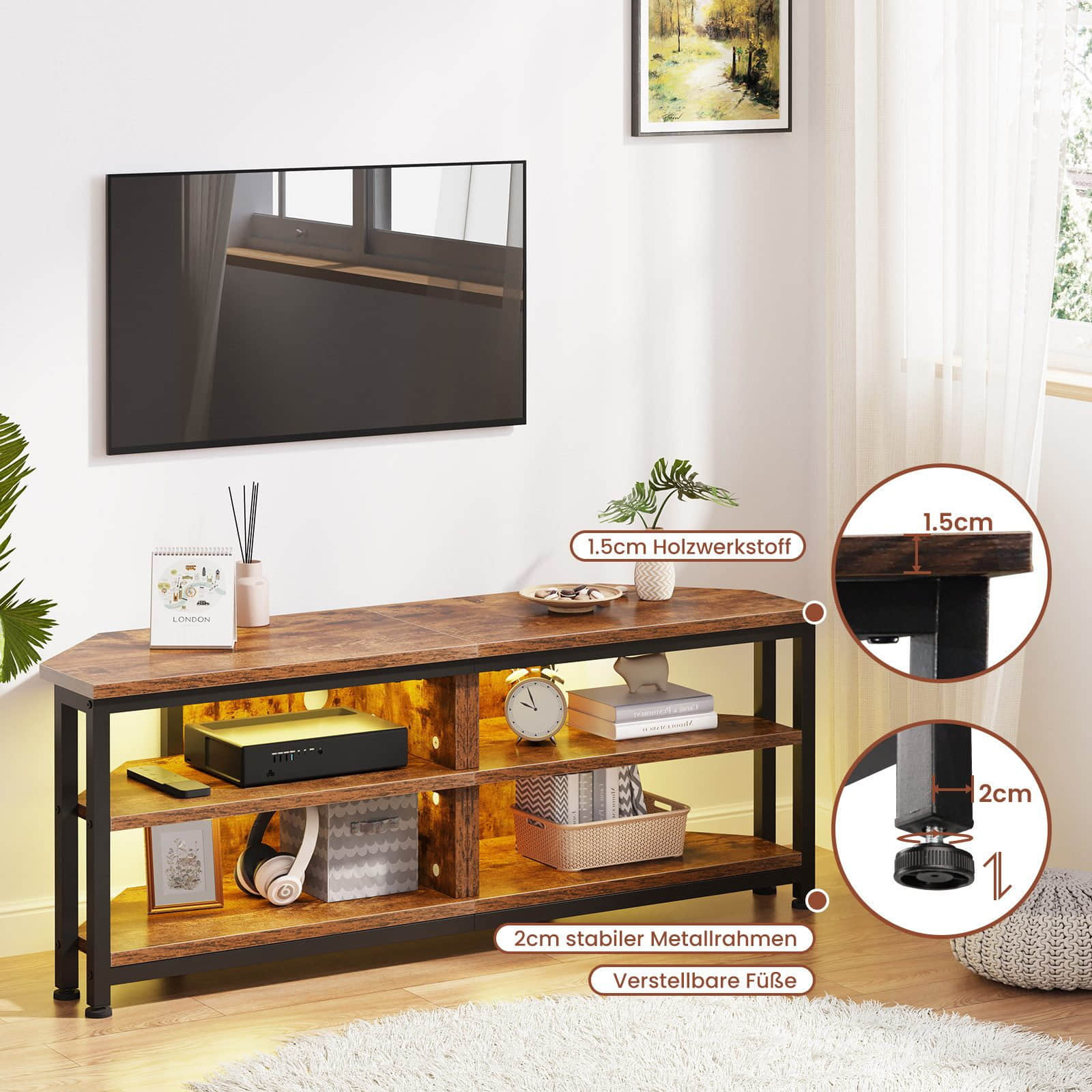 DRIPEX Corner TV Cabinet with LED Lights - 106cm Wide Retro Brown Lowboard (MDF) for 65" TVs | 2 Storage Compartments | Space-Saving Design 120cm Braun Kommoden & Sideboards Dripex