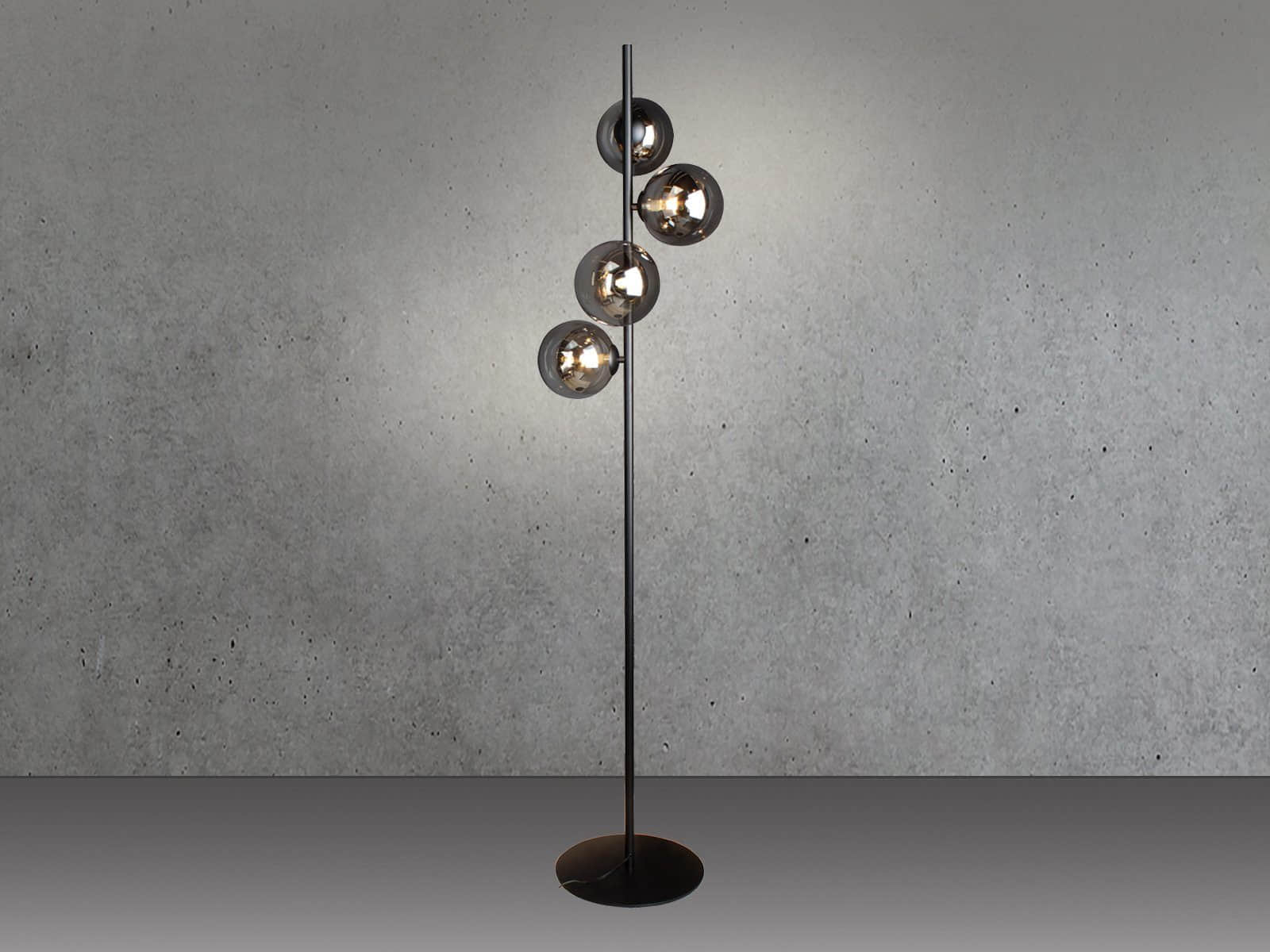 ECO-LIGHT Bauhaus LED Stehlampe mit Dimmfunktion | 4 Goldene Glas-Kugeln | Warmweiß 2700K | Höhenverstellbar 150-180cm | Modernes Design Schwarz-Ra ECO-LIGHT Lampen