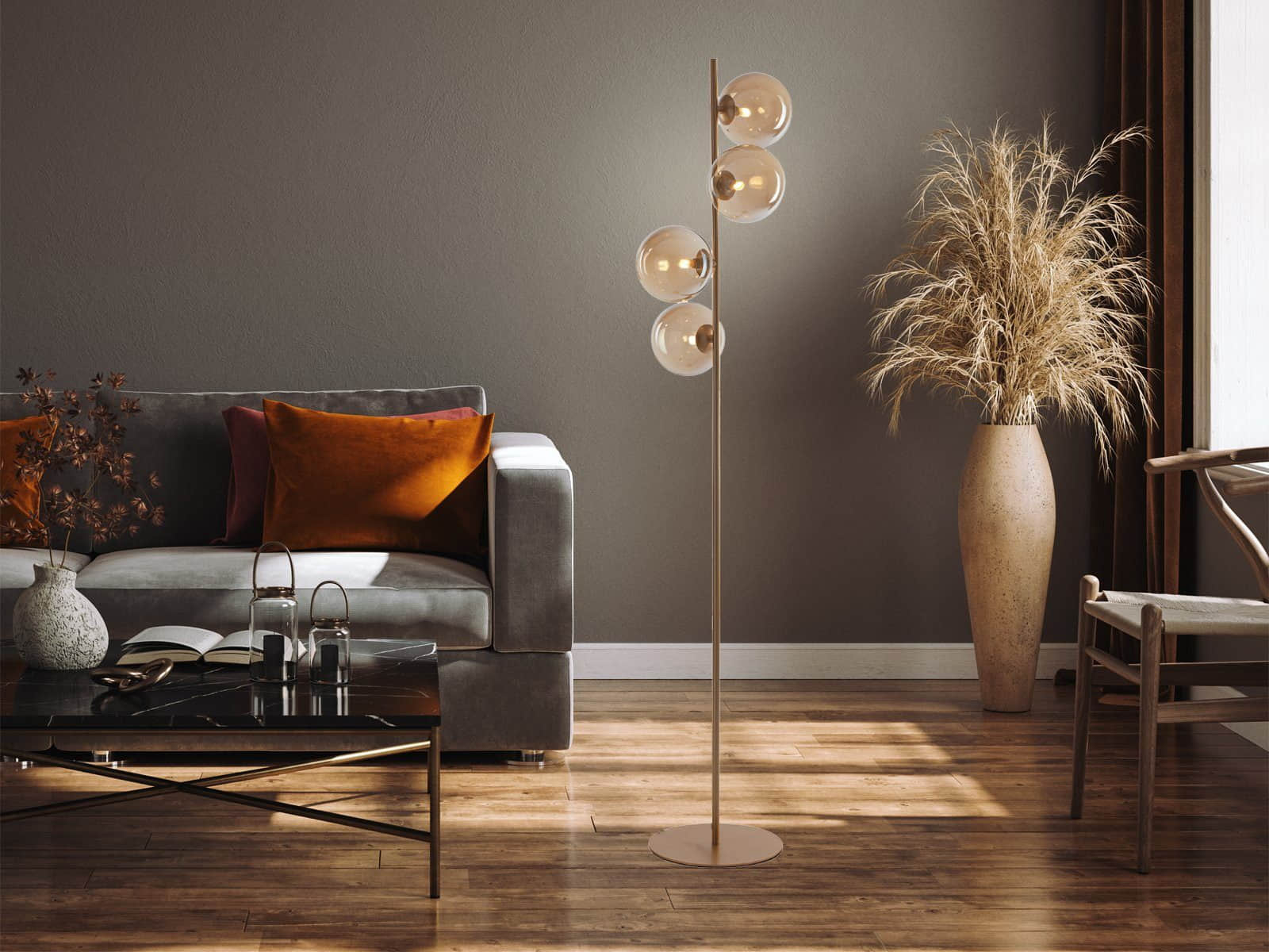 ECO-LIGHT Lampen ECO-LIGHT Bauhaus LED Stehlampe mit Dimmfunktion | 4 Goldene Glas-Kugeln | Warmweiß 2700K | Höhenverstellbar 150-180cm | Modernes Design Messing-Am