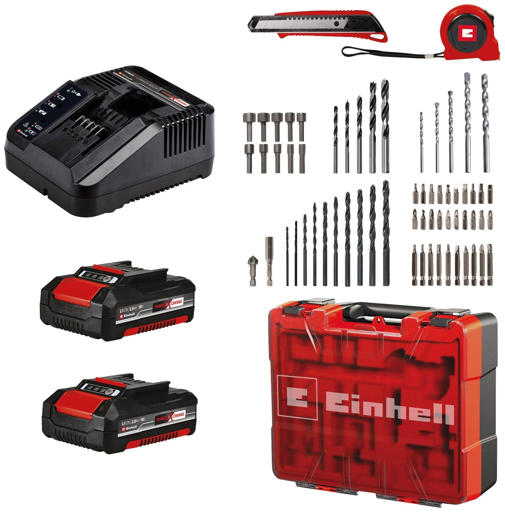 Einhell Werkzeug & Maschinen Einhell Power X-Change TE-CD 18/40 Li-i Cordless Impact Drill Set with 2x 2.0Ah Batteries, Fast Charger & 64-Piece Accessory Kit