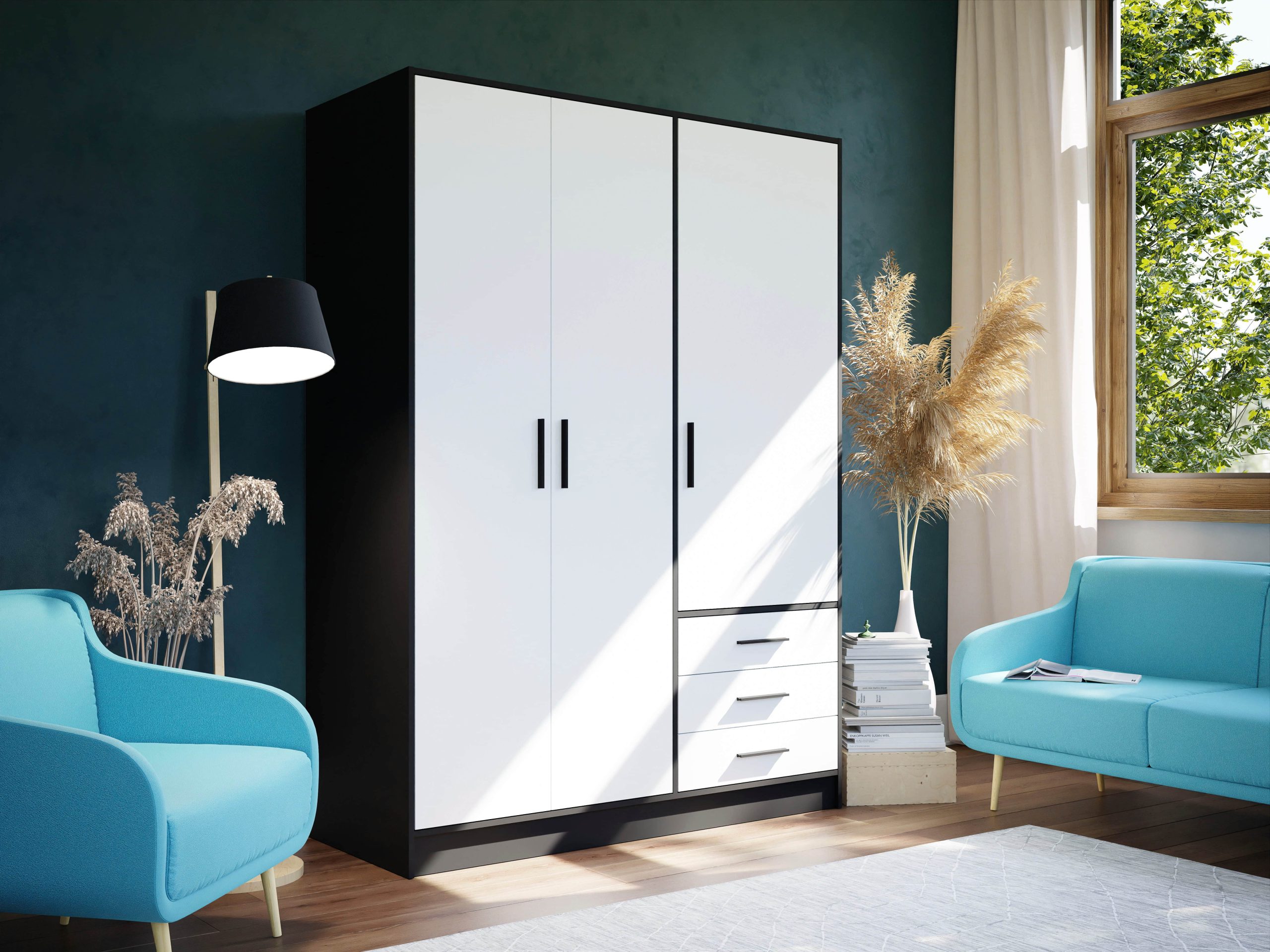 FORTE Kleiderschrank 'Jupiter' Made in Europe | 60x200 cm | 2 Breiten (80/120 cm) | 4 Farben | Mit Schubladen & variablen Einlegeböden | FSC®-Holz | Moderner Stauraum schwarz/we Schränke FORTE