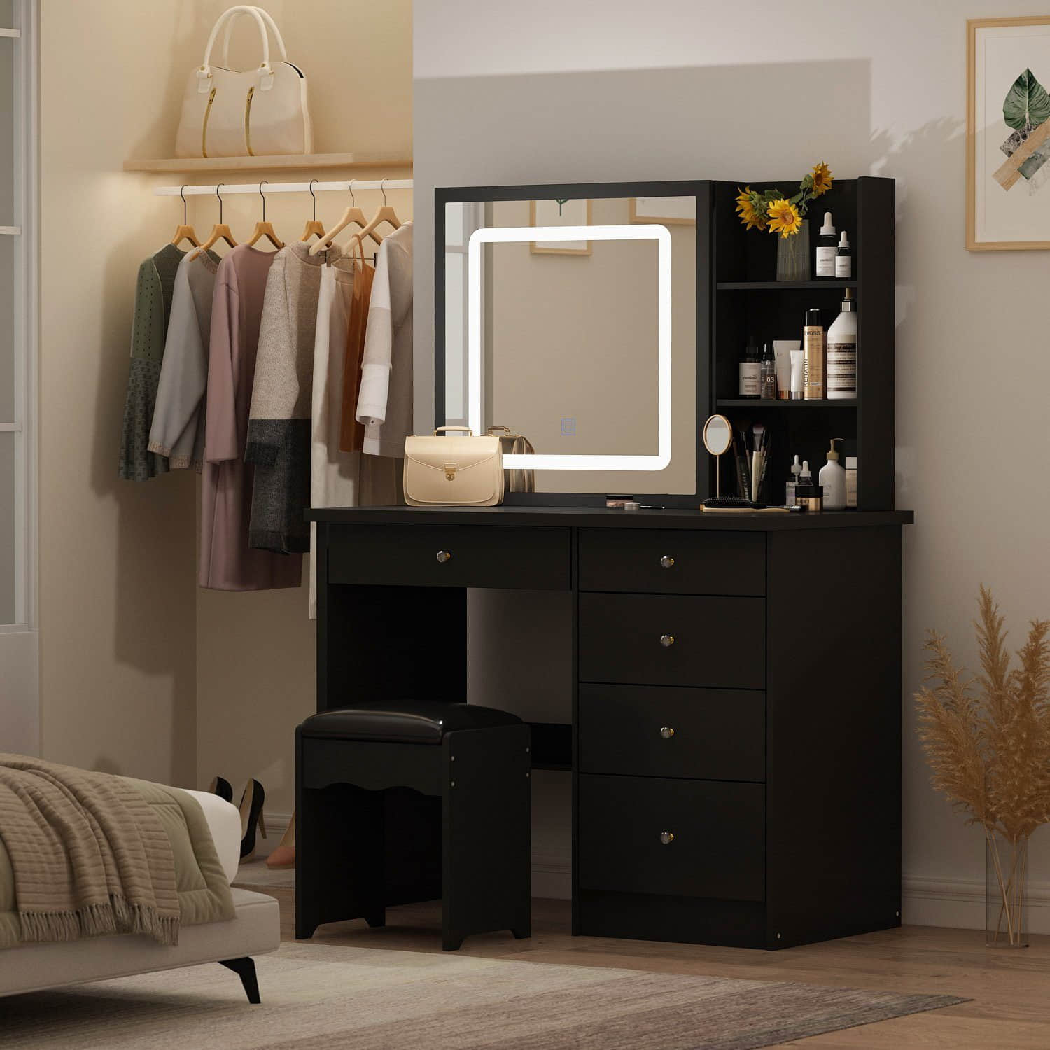 FUFU\u0026GAGA Tische FUFU&GAGA 100cm Illuminated Vanity Table Set with Mirror & Stool - 3 Lighting Modes, 5 Drawers