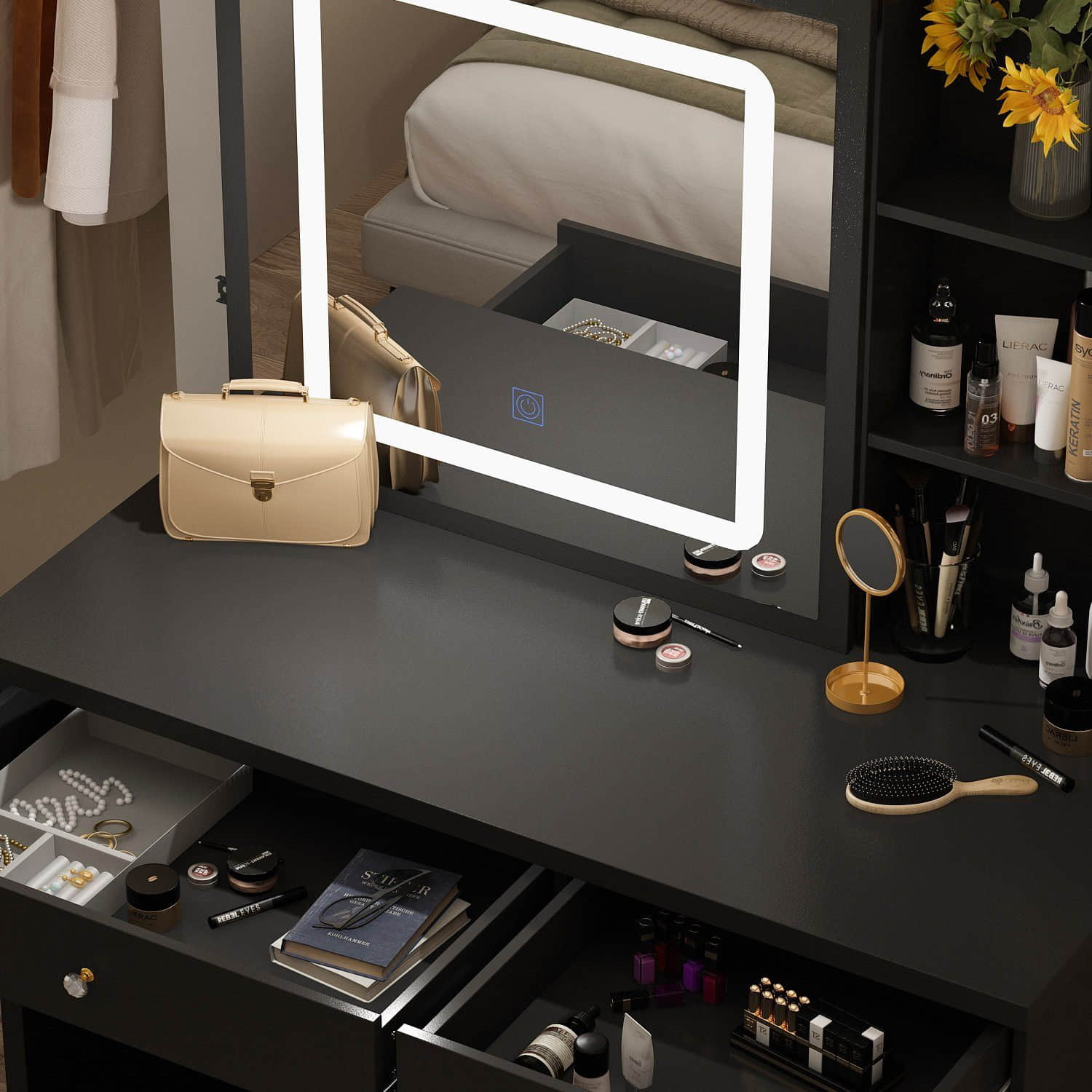 FUFU\u0026GAGA Tische FUFU&GAGA 100cm Illuminated Vanity Table Set with Mirror & Stool - 3 Lighting Modes, 5 Drawers