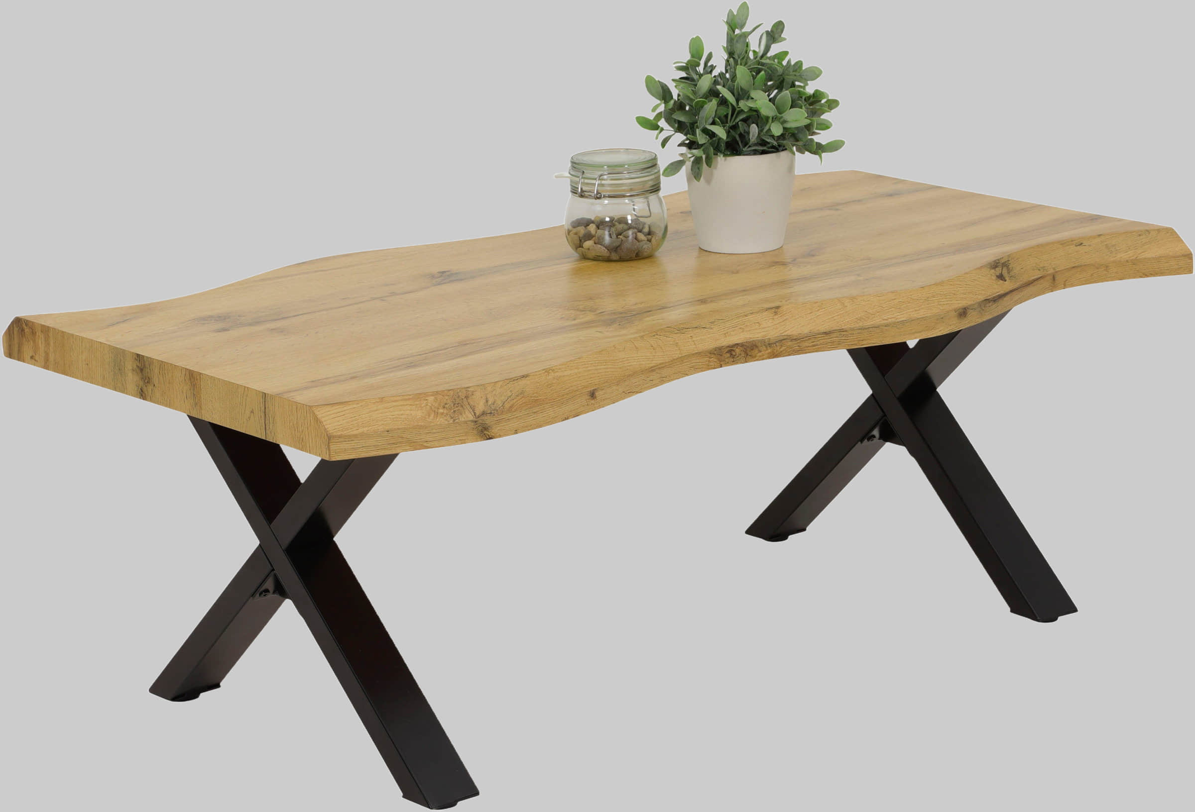 HELA HELA Couchtisch GERD - Wildeiche grau/schwarz | Baumkantenoptik | 110cm Breite | X-Gestell | Moderner Wohnzimmertisch Wildeiche/ Tische