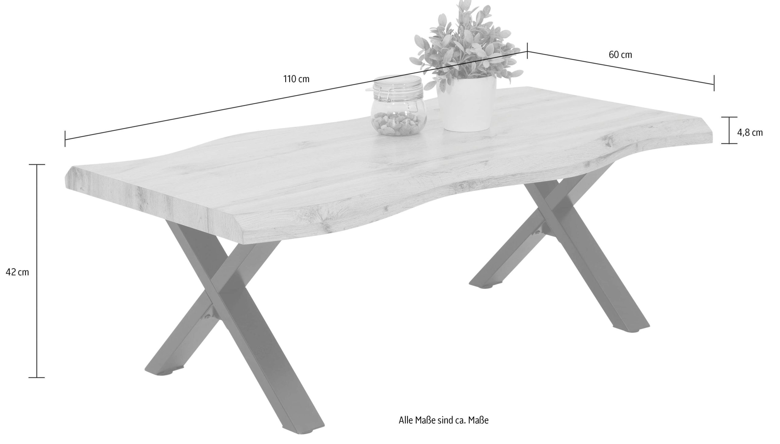 HELA HELA Couchtisch GERD - Wildeiche grau/schwarz | Baumkantenoptik | 110cm Breite | X-Gestell | Moderner Wohnzimmertisch Grau/Schwa Tische