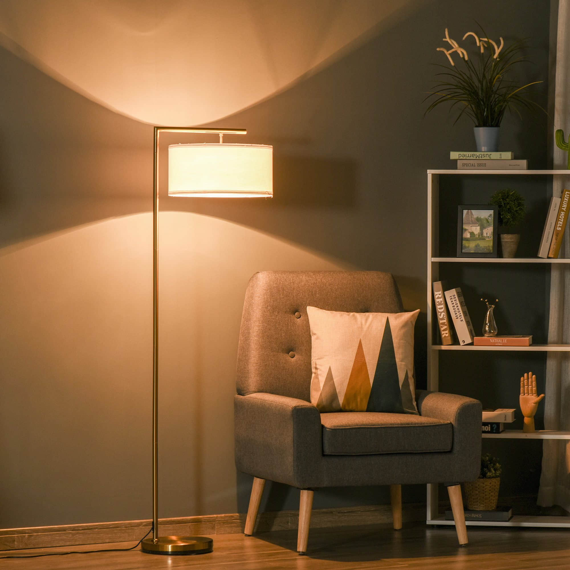 HOMCOM Stehlampe Gold & Weiß – Moderne Stehleuchte mit E27-Sockel für Wohnzimmer, Schlafzimmer oder Büro | 47 x 37 x 153 cm | Stahl & Leinen HOMCOM Lampen