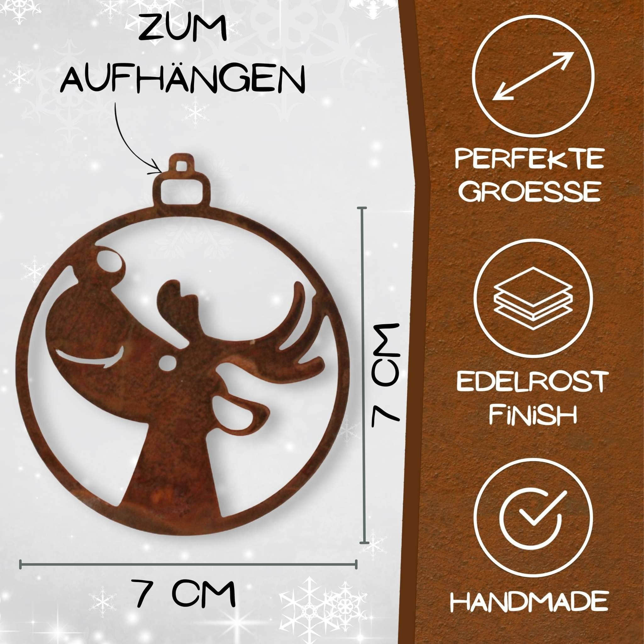 Handgefertigter Christbaumschmuck aus Edelrost - 7 cm Vintage Hängedeko mit Hirsch-Motiv (3er Set) | Rostikal Rostikal Dekoration