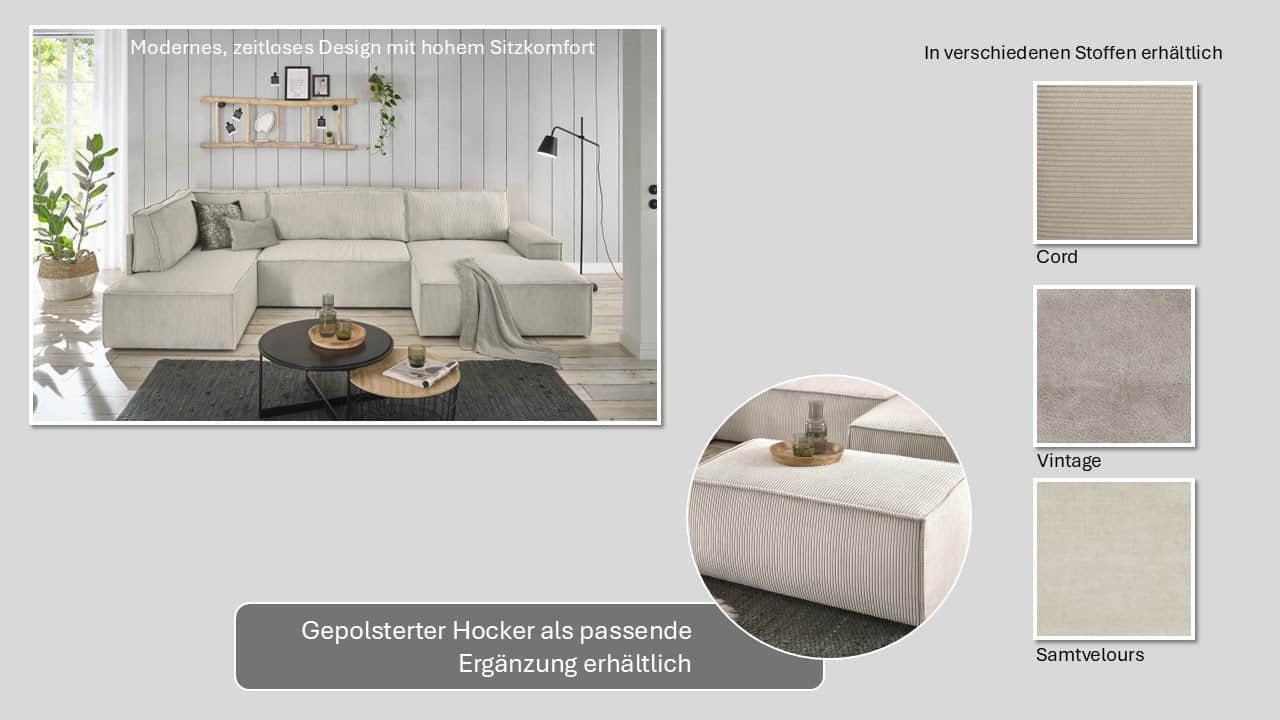 Sofas Home affaire Home Affaire SHERWOOD XXL 329cm U-Shape Sofa Bed | Convertible Sectional with Storage (194x139cm) | Cord/Vintage/Samtvelours | Premium Modular Living Room Set cream