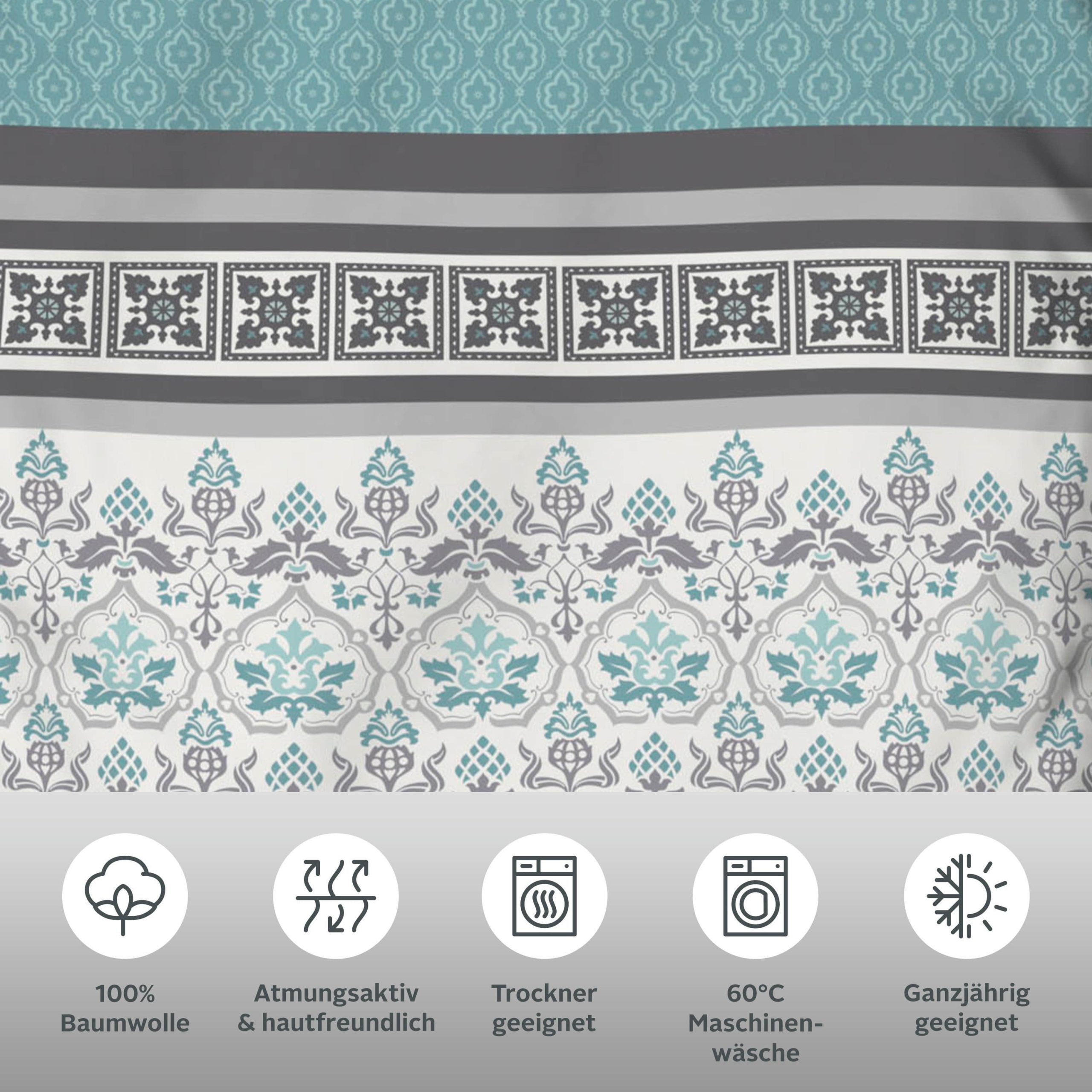 Home affaire 'Cremona' Reversible Bedding Set | Premium Polycotton Blend | OEKO-TEX Certified | Sustainable Cotton | 2-Piece Set (Duvet Cover + Pillowcase) | 135x200cm grau-mint Bettwäsche Home affaire