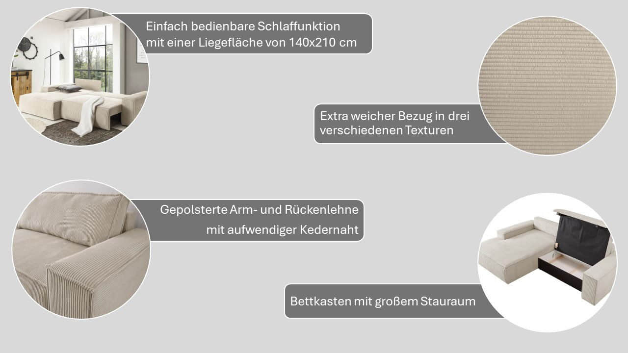 Home affaire Home affaire Ecksofa SHERWOOD Schlafsofa 267 cm L-Form mit Bettkasten (210x136 cm) | Cord, Vintage & Samtvelours Bezug | Premium Qualität anthrazit Sofas
