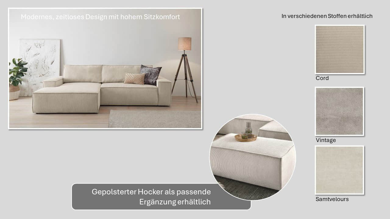 Sofas Home affaire Home affaire Ecksofa SHERWOOD Schlafsofa 267 cm L-Form mit Bettkasten (210x136 cm) | Cord, Vintage & Samtvelours Bezug | Premium Qualität mittelgrau