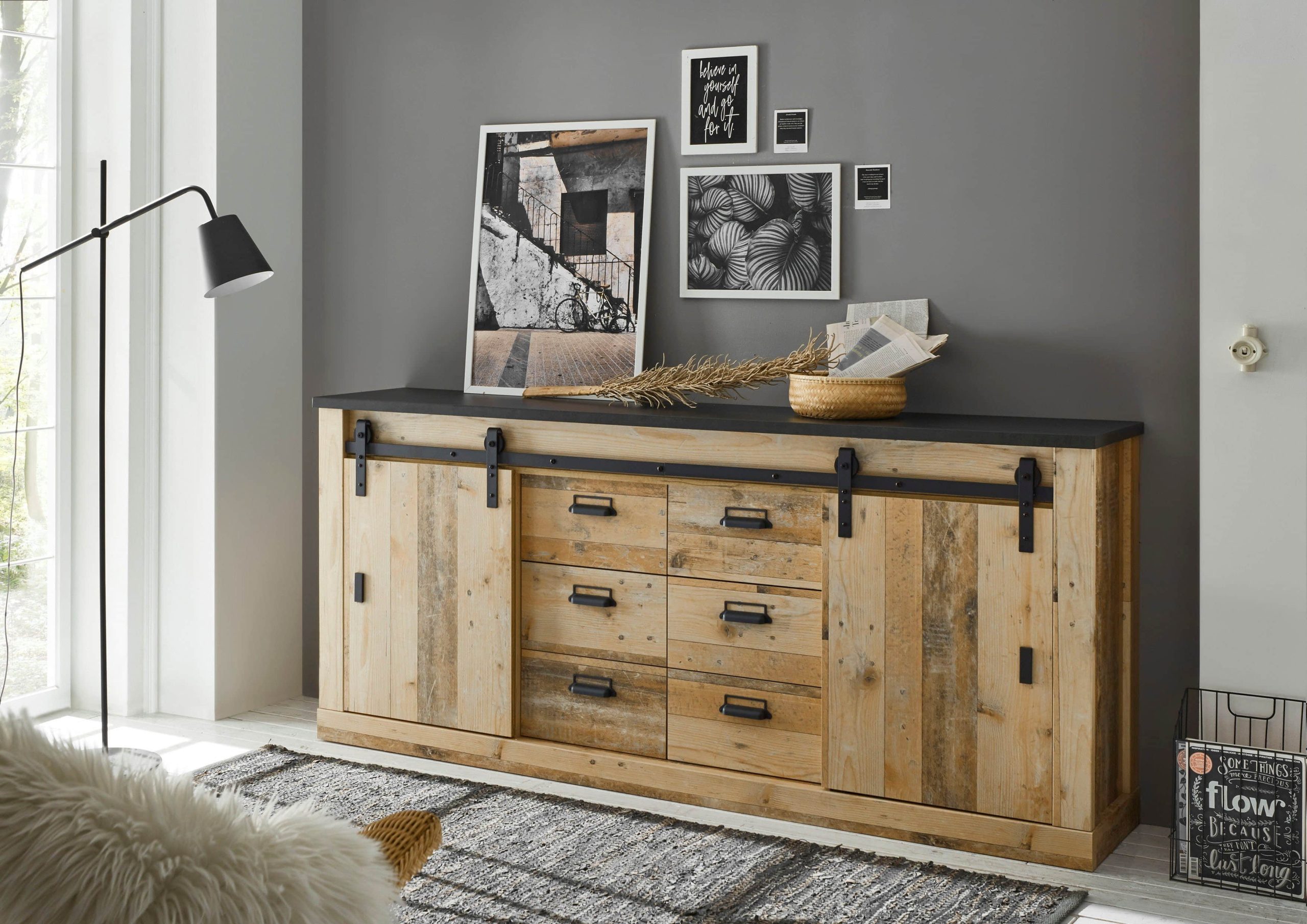 Home affaire Sideboard SHERWOOD | Modernes Design mit Scheunentorbeschlag | 201 cm Breite | Hochwertiges Holzdekor & Metallgriffe Old Style Kommoden & Sideboards Home affaire
