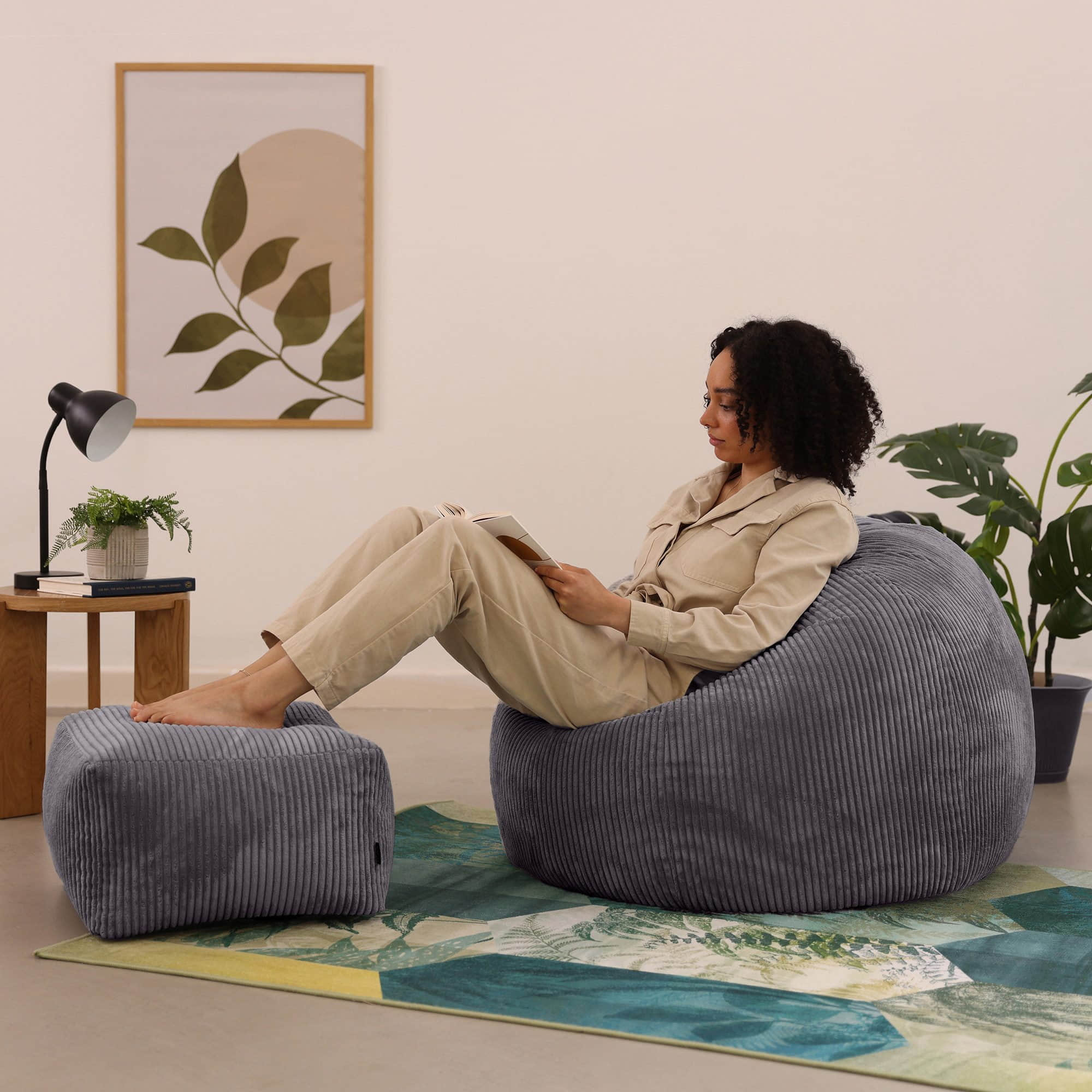 icon Sessel ICON Kingston Sitzsack aus Cord | Dunkelgrün | 85x50x85 cm | Oeko-Tex® Standard 100 | Made in Germany | Inkl. Hockerfunktion | Für Wohnzimmer & Kinderzimmer grau