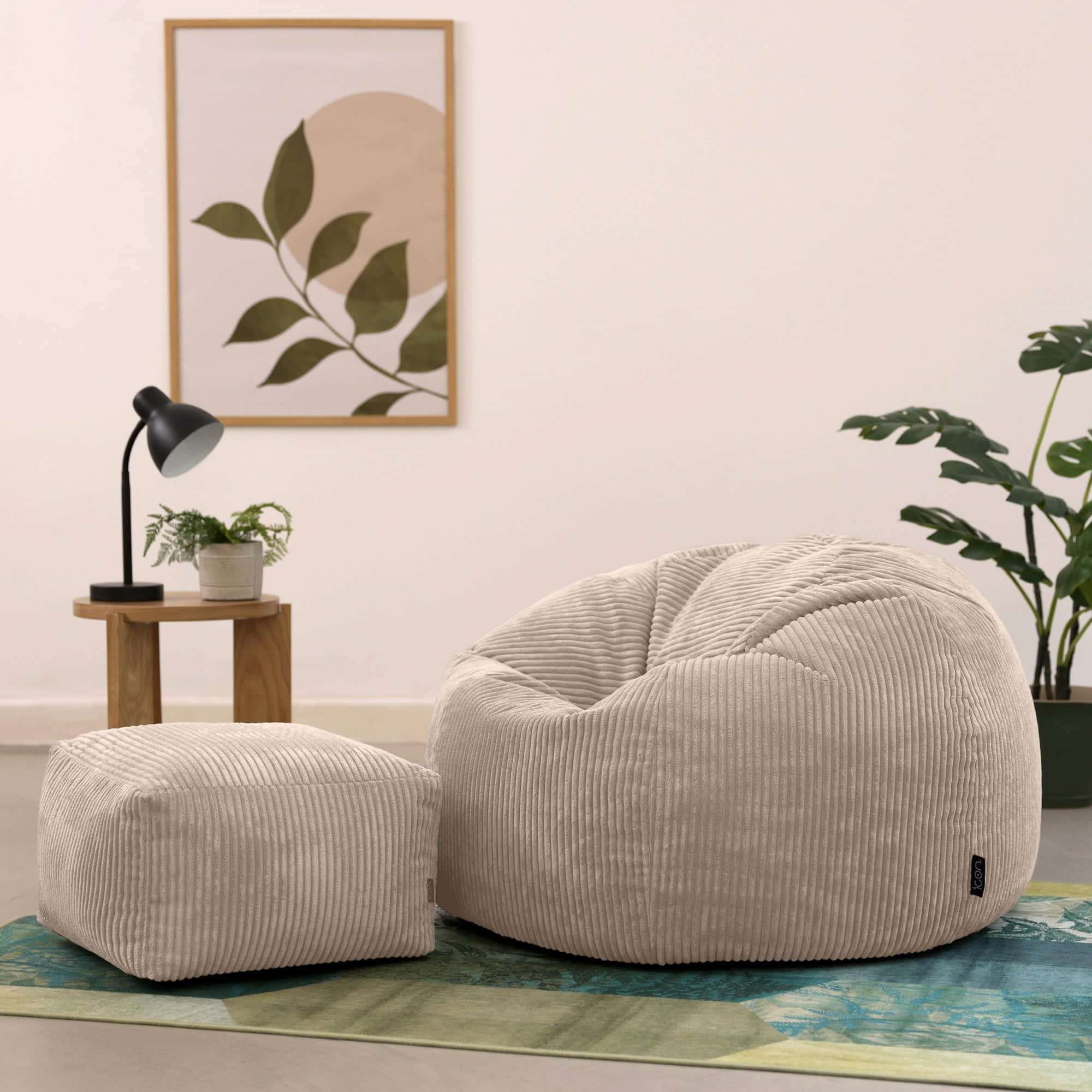 Sessel icon ICON Kingston Sitzsack aus Cord | Dunkelgrün | 85x50x85 cm | Oeko-Tex® Standard 100 | Made in Germany | Inkl. Hockerfunktion | Für Wohnzimmer & Kinderzimmer beige