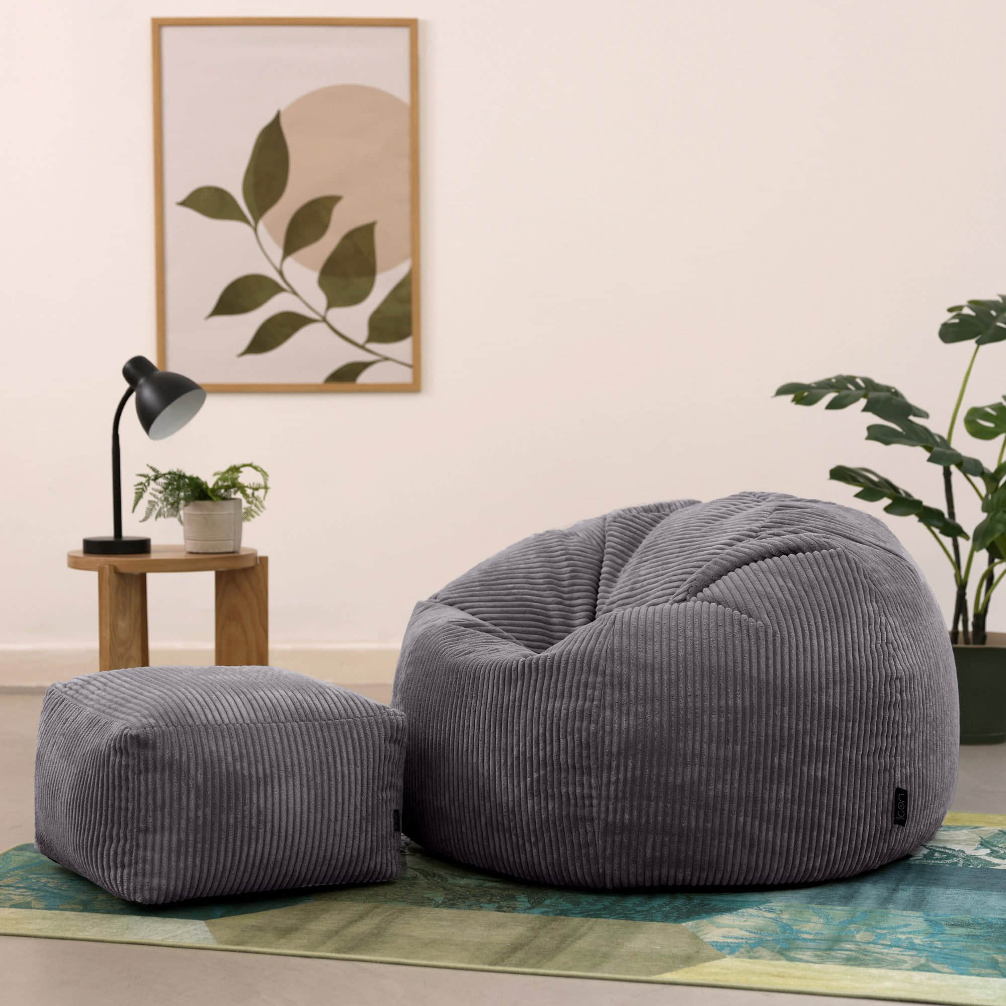 icon Sessel ICON Kingston Sitzsack aus Cord | Dunkelgrün | 85x50x85 cm | Oeko-Tex® Standard 100 | Made in Germany | Inkl. Hockerfunktion | Für Wohnzimmer & Kinderzimmer grau