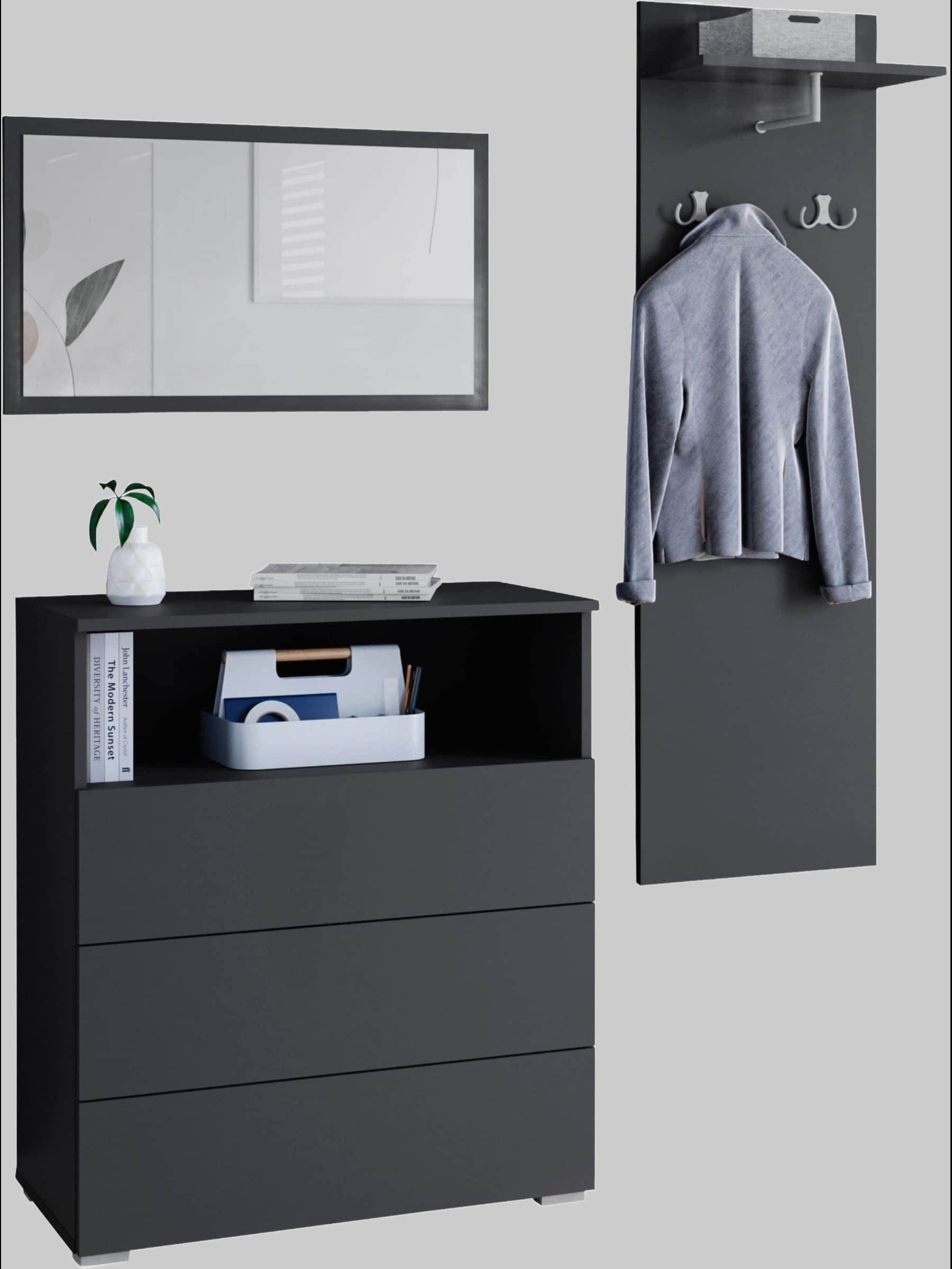 INOSIGN INOSIGN Garderoben-Set »PARIS/TOKYO« (3-teilig, 140 cm) mit Spiegel – Hochglanz-Design, FSC®-Holzwerkstoff & flexible Montage graphite s Garderobe & Flur