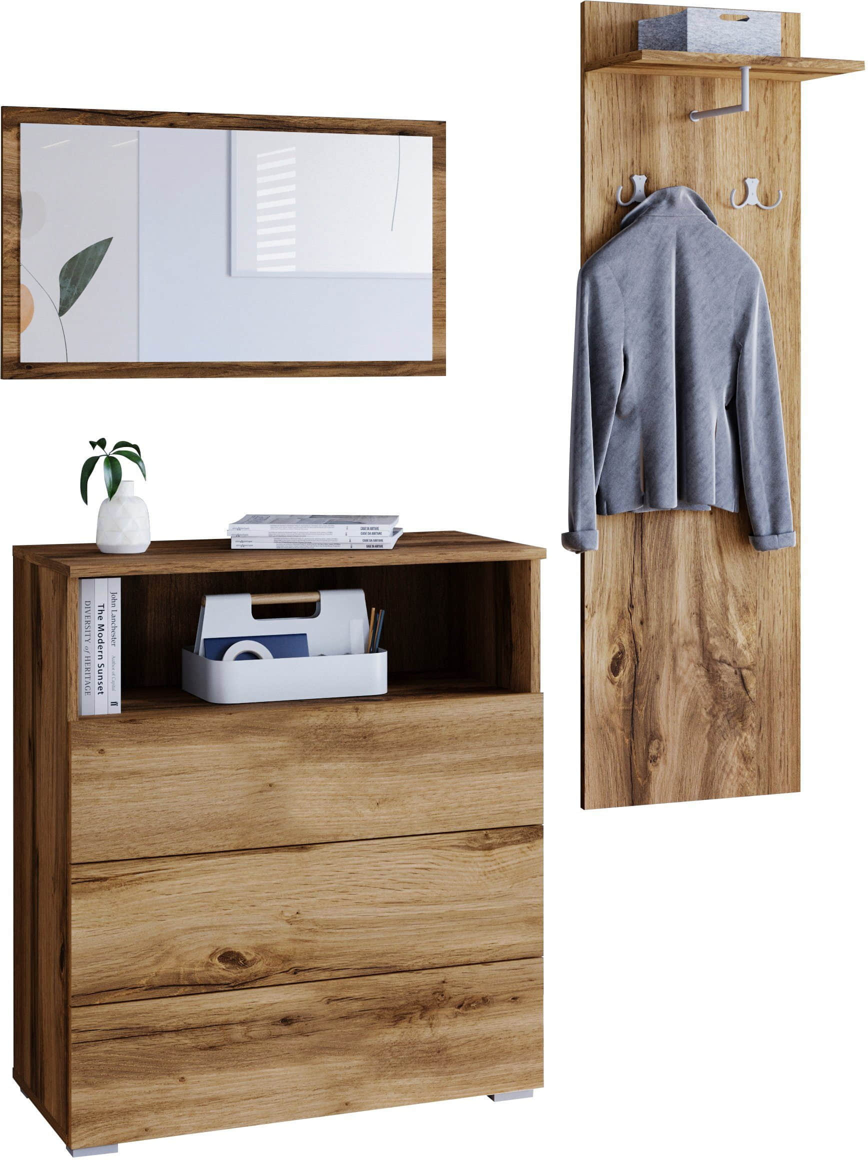 Garderobe & Flur INOSIGN INOSIGN Garderoben-Set »PARIS/TOKYO« (3-teilig, 140 cm) mit Spiegel – Hochglanz-Design, FSC®-Holzwerkstoff & flexible Montage Votan eich