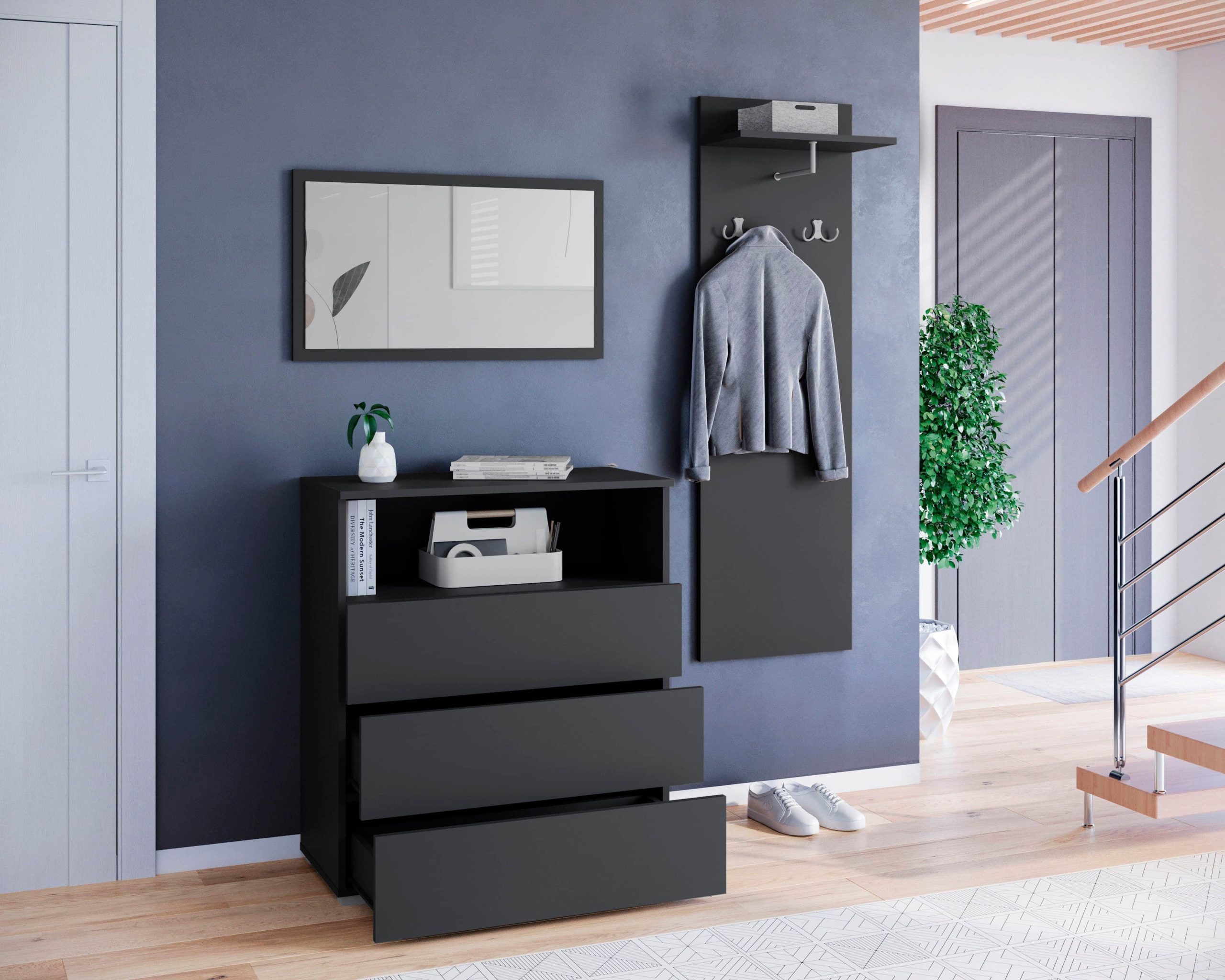 INOSIGN INOSIGN Garderoben-Set »PARIS/TOKYO« (3-teilig, 140 cm) mit Spiegel – Hochglanz-Design, FSC®-Holzwerkstoff & flexible Montage graphite s Garderobe & Flur