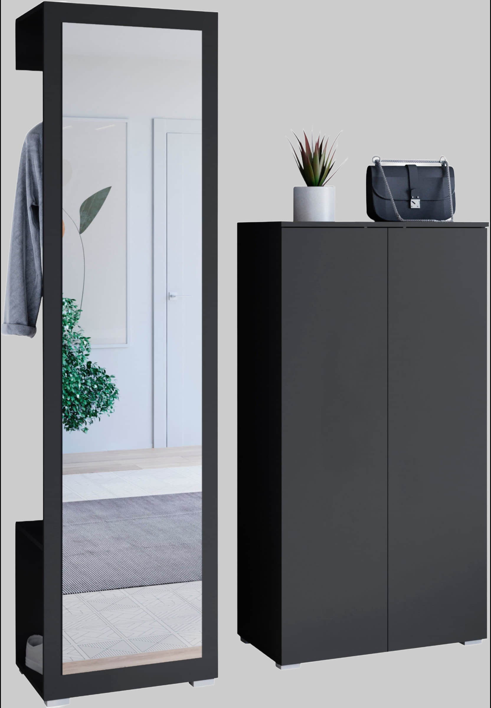 INOSIGN Garderoben-Set PARIS/TOKYO - Modernes 2-teiliges Flurmöbel mit Kleiderstange & Schuhschrank (130cm Breite, Hochglanz, grifflos) graphite s Garderobe & Flur INOSIGN