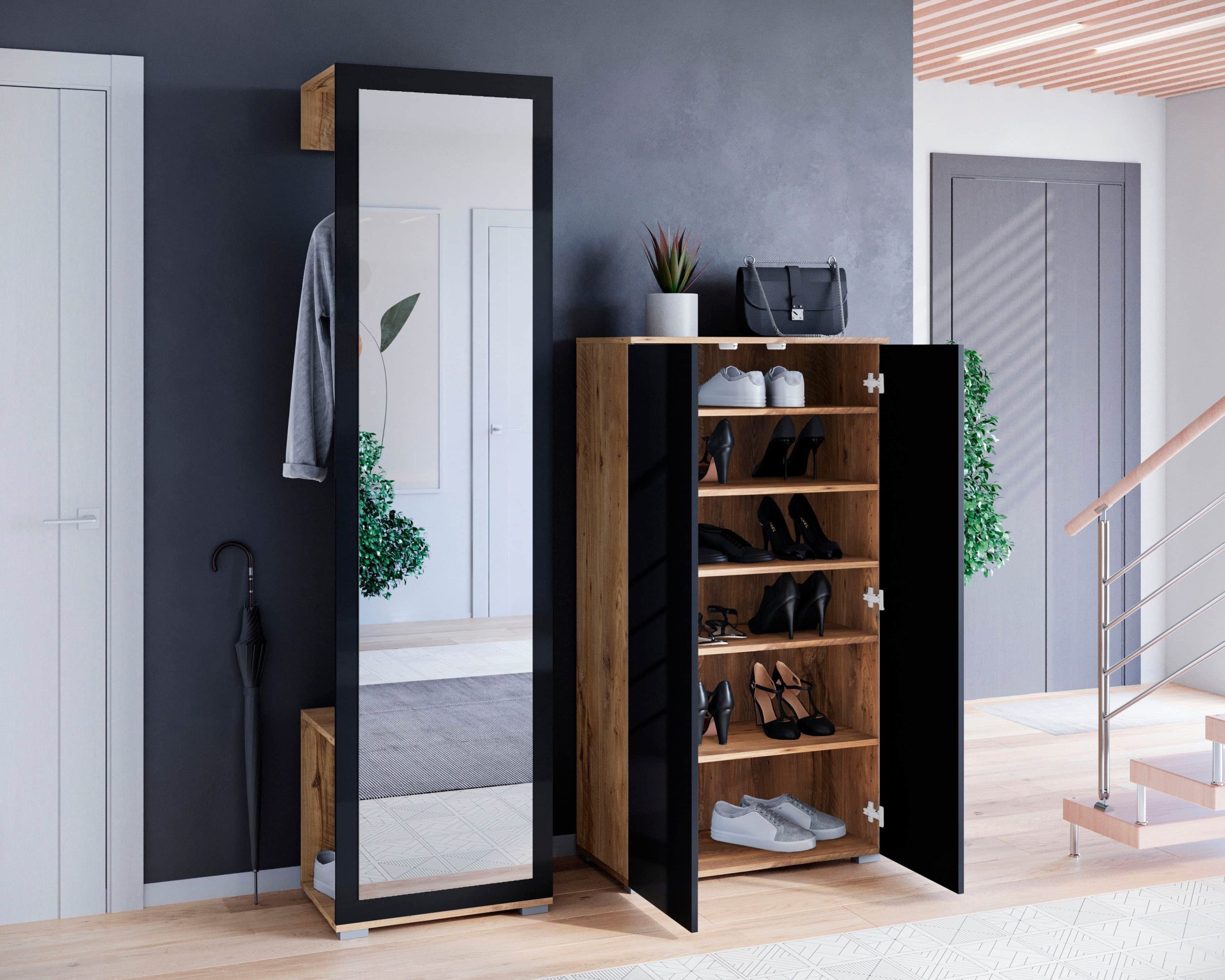 INOSIGN Garderoben-Set PARIS/TOKYO - Modernes 2-teiliges Flurmöbel mit Kleiderstange & Schuhschrank (130cm Breite, Hochglanz, grifflos) kastanien Garderobe & Flur INOSIGN