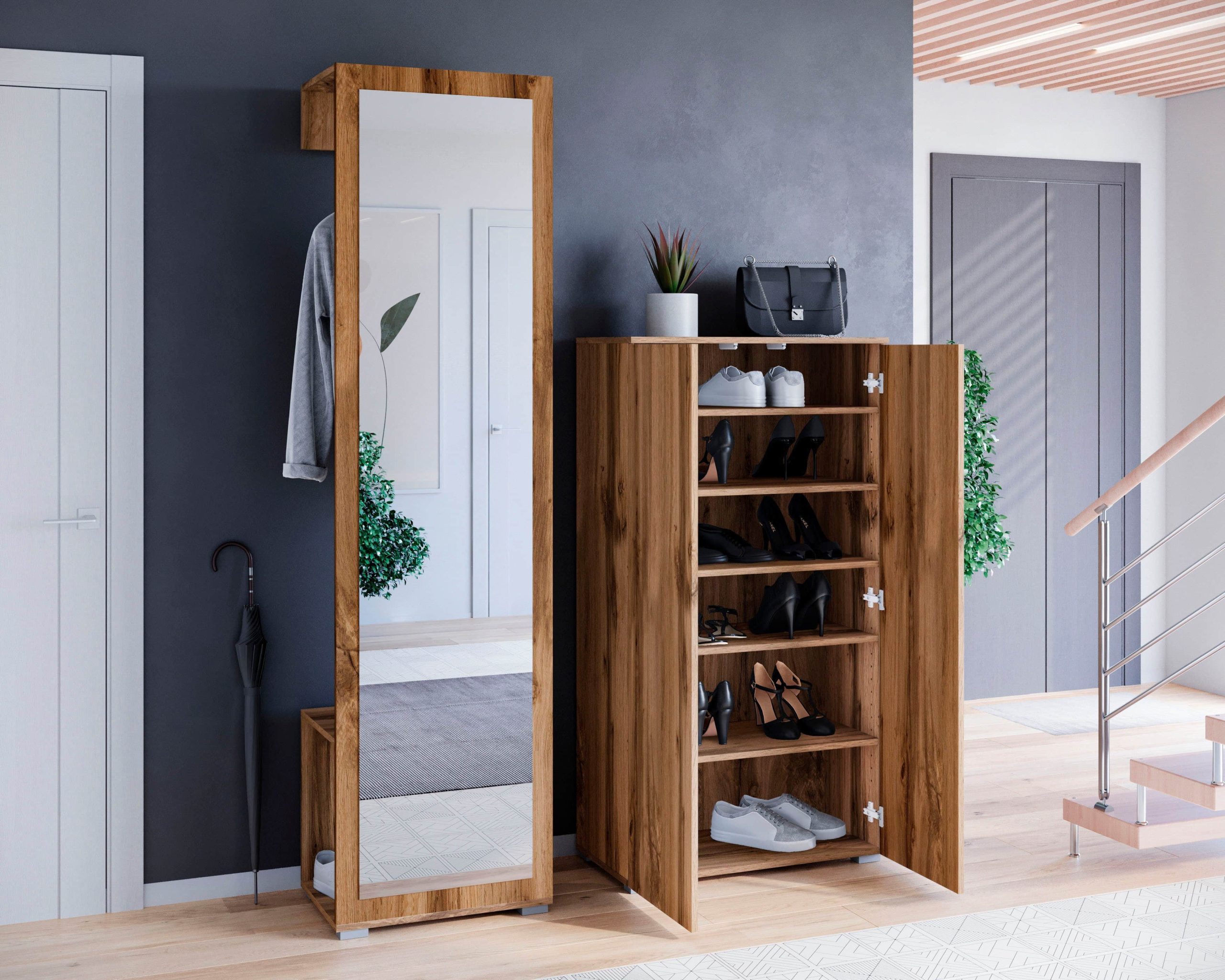 Garderobe & Flur INOSIGN INOSIGN Garderoben-Set PARIS/TOKYO - Modernes 2-teiliges Flurmöbel mit Kleiderstange & Schuhschrank (130cm Breite, Hochglanz, grifflos) Votan eich