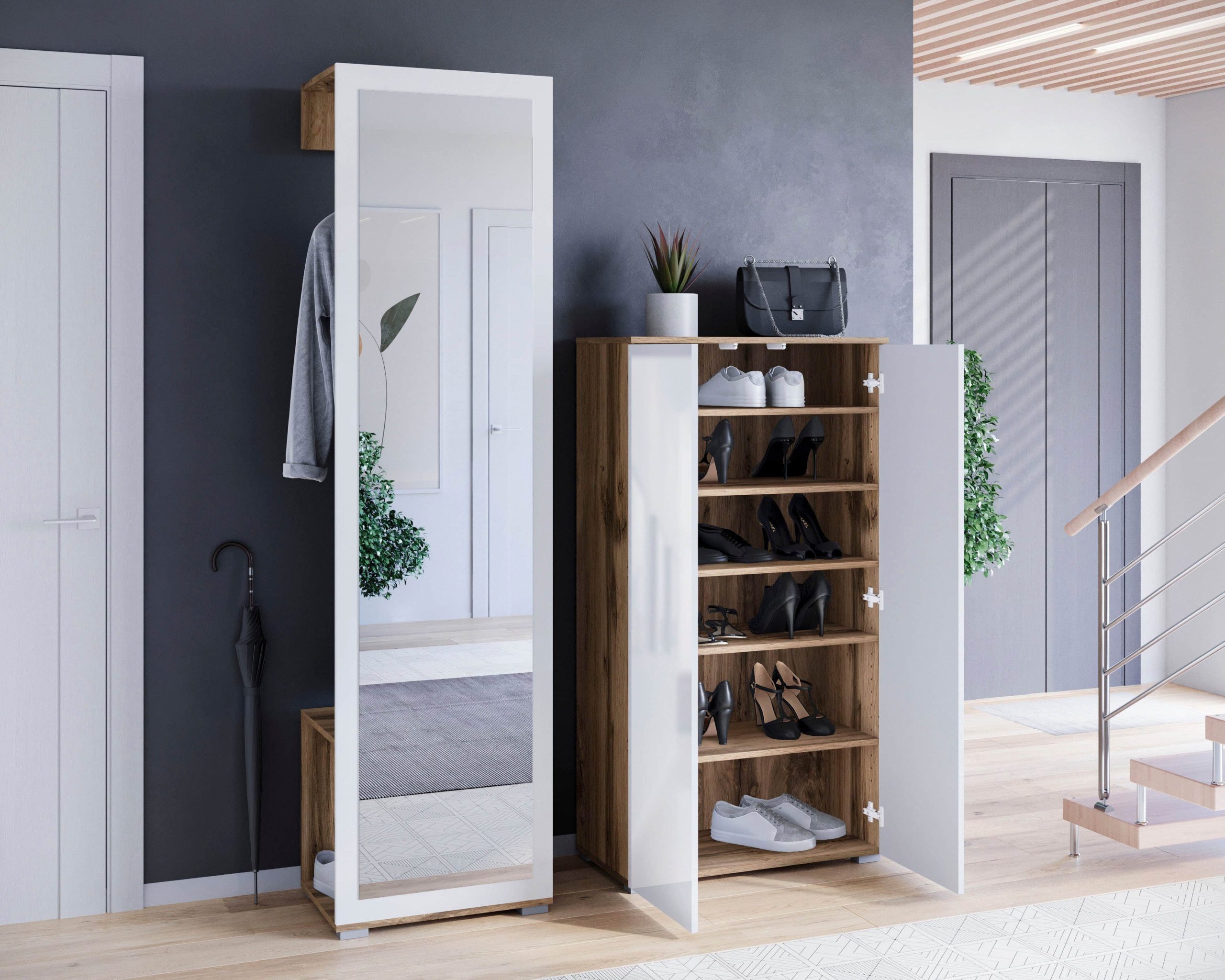 INOSIGN INOSIGN Garderoben-Set PARIS/TOKYO - Modernes 2-teiliges Flurmöbel mit Kleiderstange & Schuhschrank (130cm Breite, Hochglanz, grifflos) Votan eich Garderobe & Flur