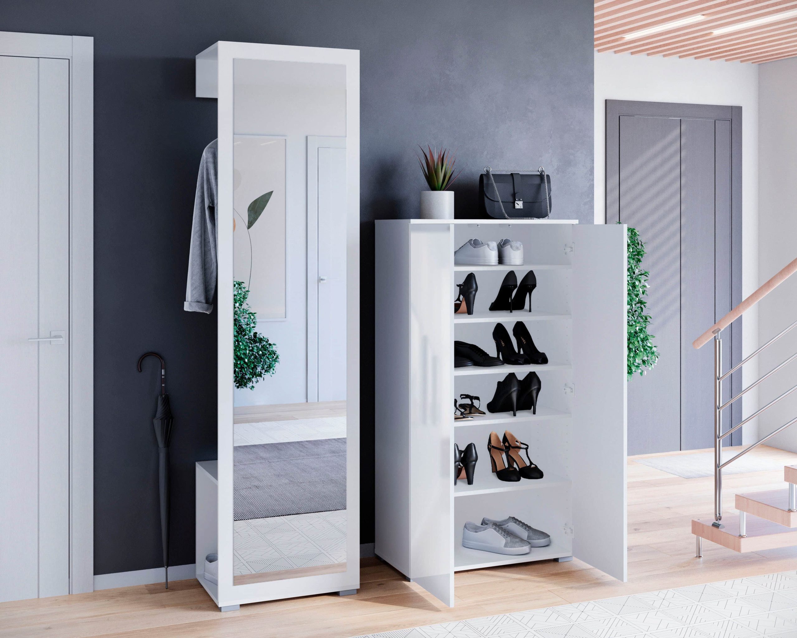 INOSIGN Garderoben-Set PARIS/TOKYO - Modernes 2-teiliges Flurmöbel mit Kleiderstange & Schuhschrank (130cm Breite, Hochglanz, grifflos) weiß matt/ Garderobe & Flur INOSIGN