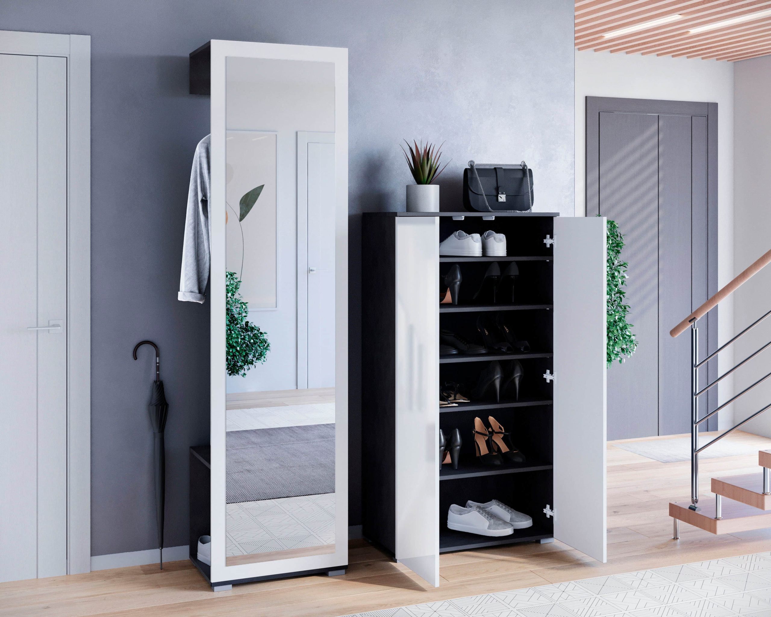 INOSIGN Garderobe & Flur INOSIGN Garderoben-Set PARIS/TOKYO - Modernes 2-teiliges Flurmöbel mit Kleiderstange & Schuhschrank (130cm Breite, Hochglanz, grifflos) matera ant
