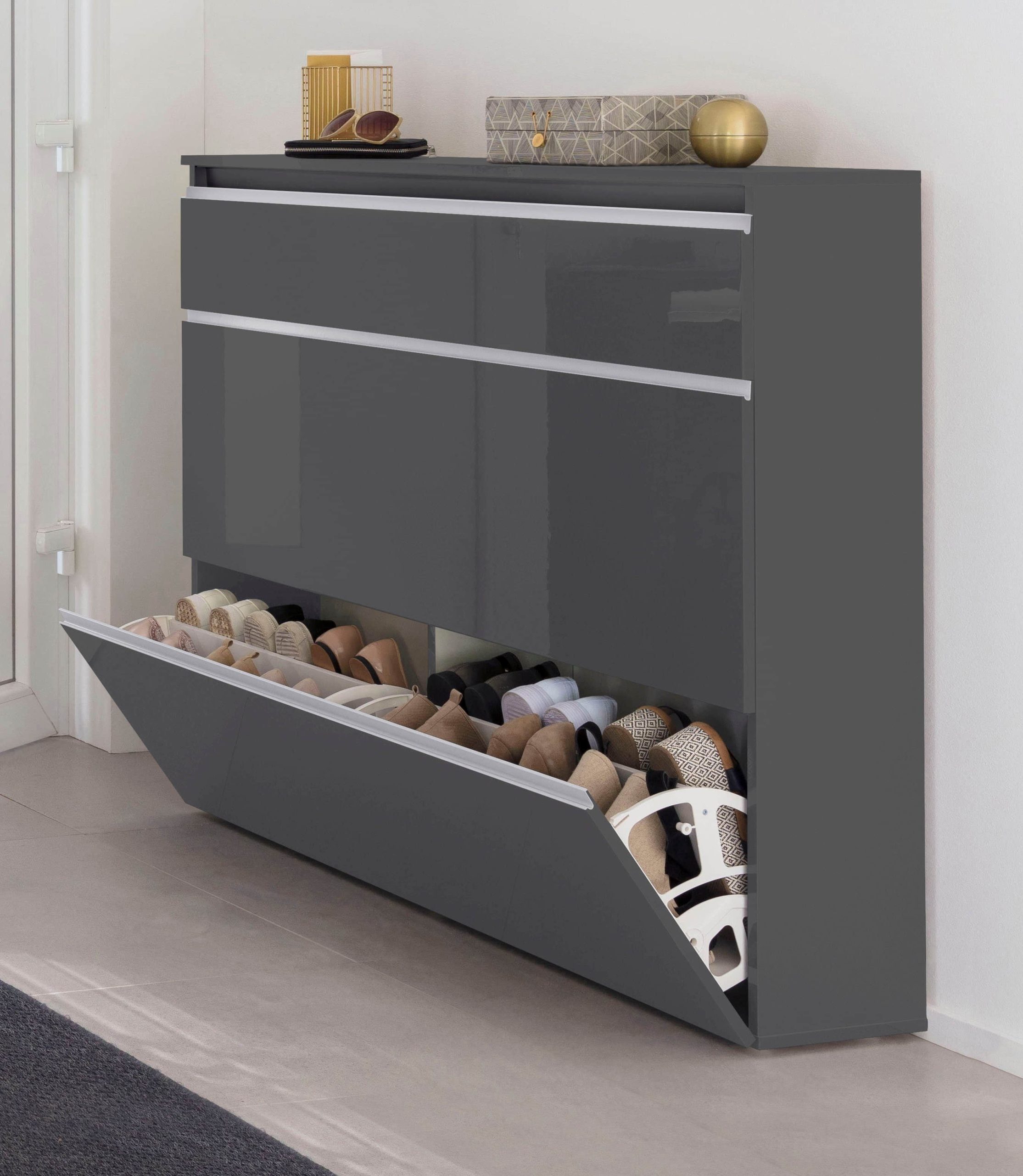 INOSIGN Magic Schuhschrank (120cm) - Hochglanz Schuhkommode mit 3 Klappen & Doppelschuhtrommeln | Softgriff Design | Platz für 30 Paar Schuhe anthrazit INOSIGN Schränke