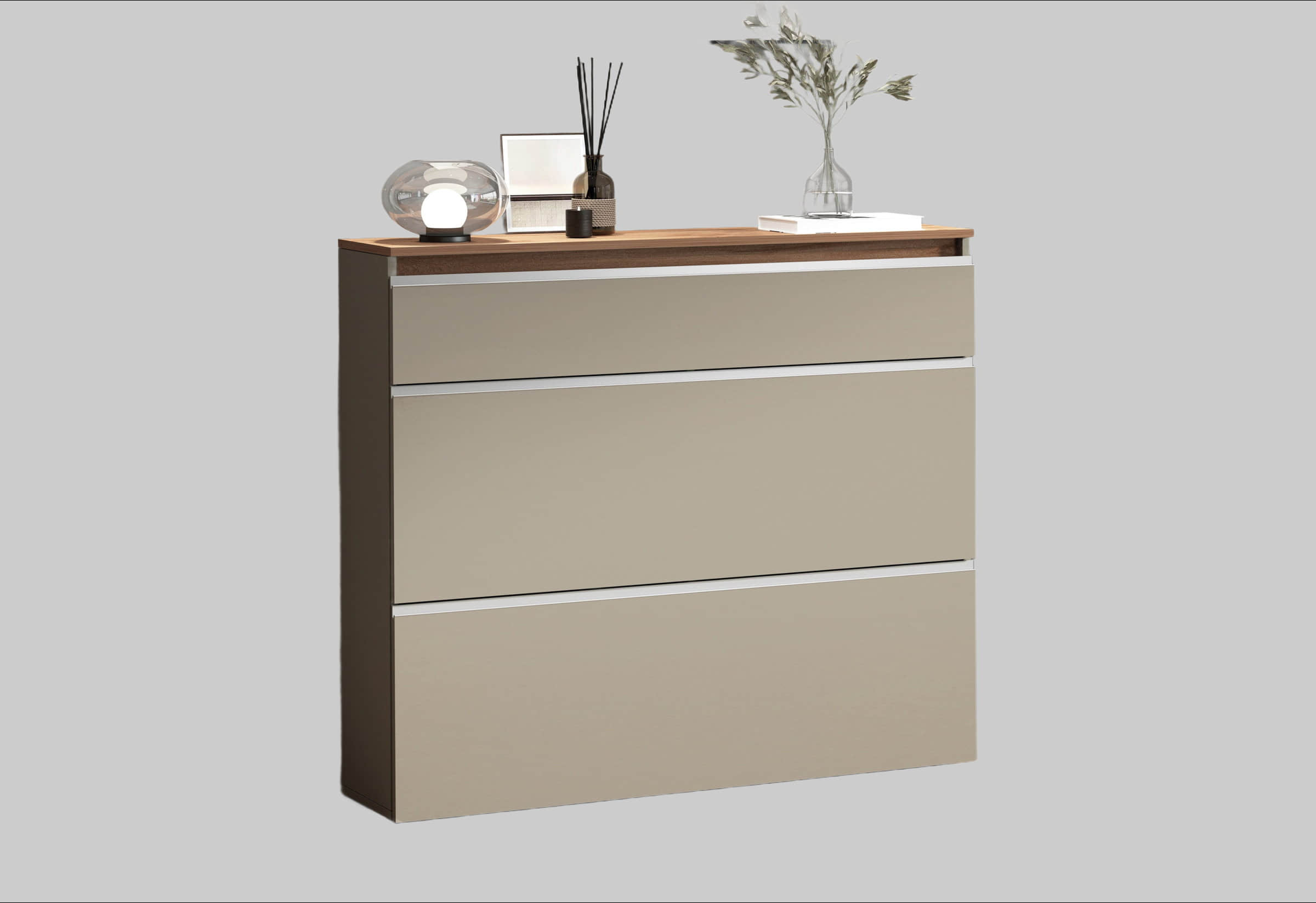 INOSIGN Magic Schuhschrank (120cm) - Hochglanz Schuhkommode mit 3 Klappen & Doppelschuhtrommeln | Softgriff Design | Platz für 30 Paar Schuhe taupe Schränke INOSIGN