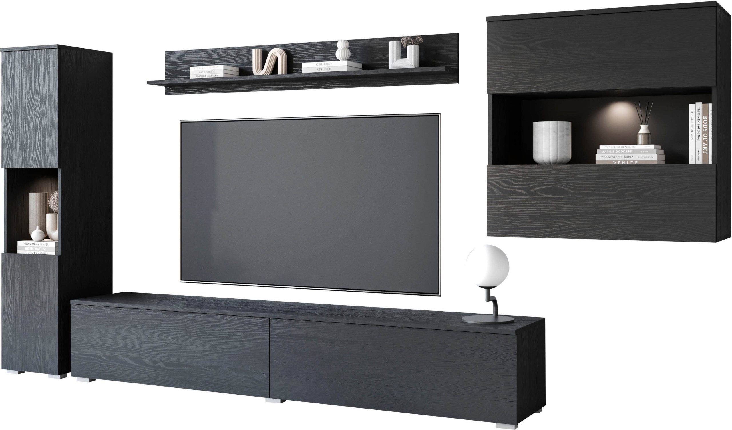 INOSIGN 'PARIS' 4-Piece TV Wall Unit | 300cm Handleless Design | Wall-Mounted or Freestanding | FSC-Certified Wood Graphite b Wohnwände INOSIGN