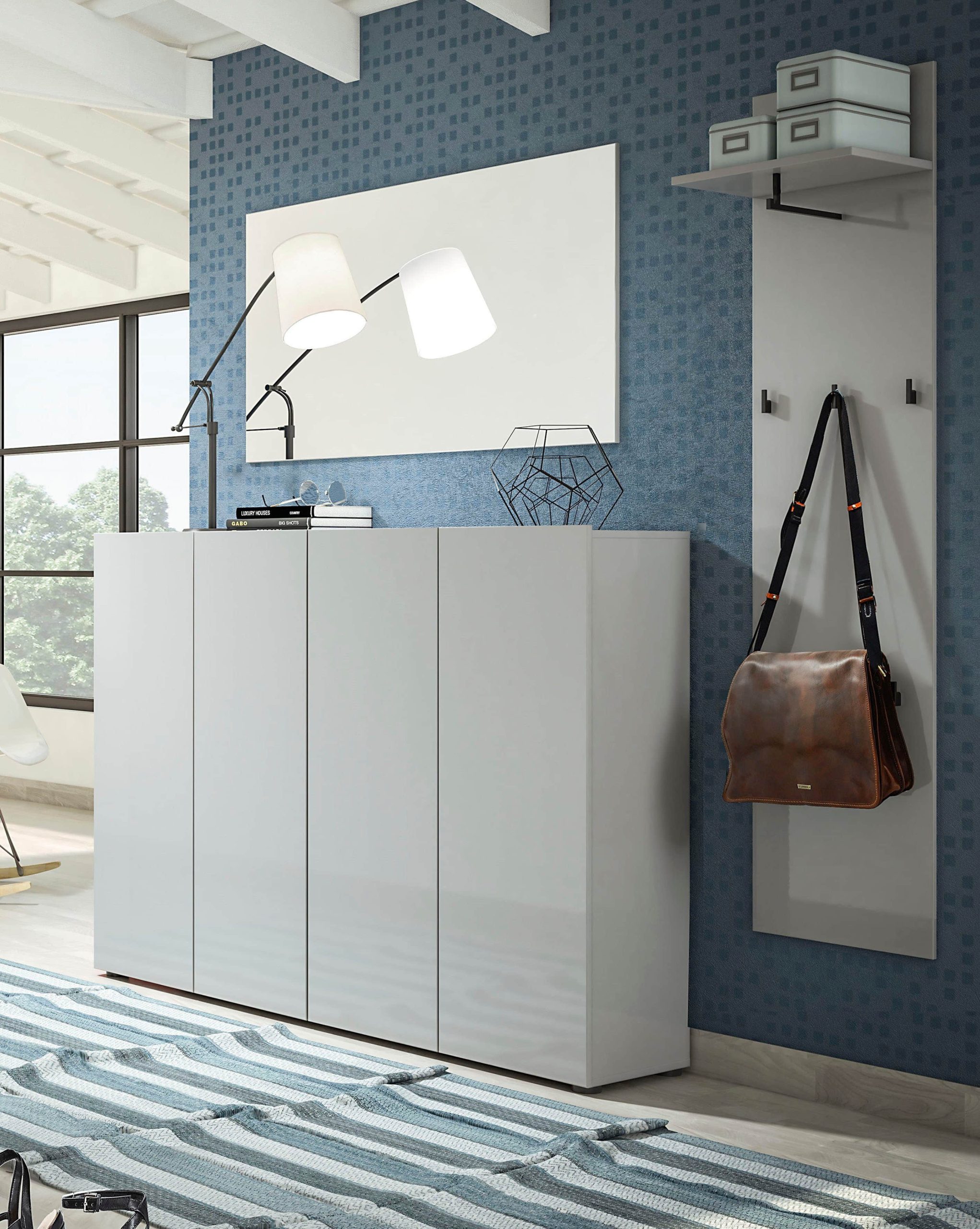 Schränke INOSIGN INOSIGN Schuhschrank »Mister« 160 cm Breite | 4 Türen Hochglanz Lackierung | FSC®-Holz | Made in Italy | Moderner Schuhschrank für bis zu 30 Paar Schuhe grau