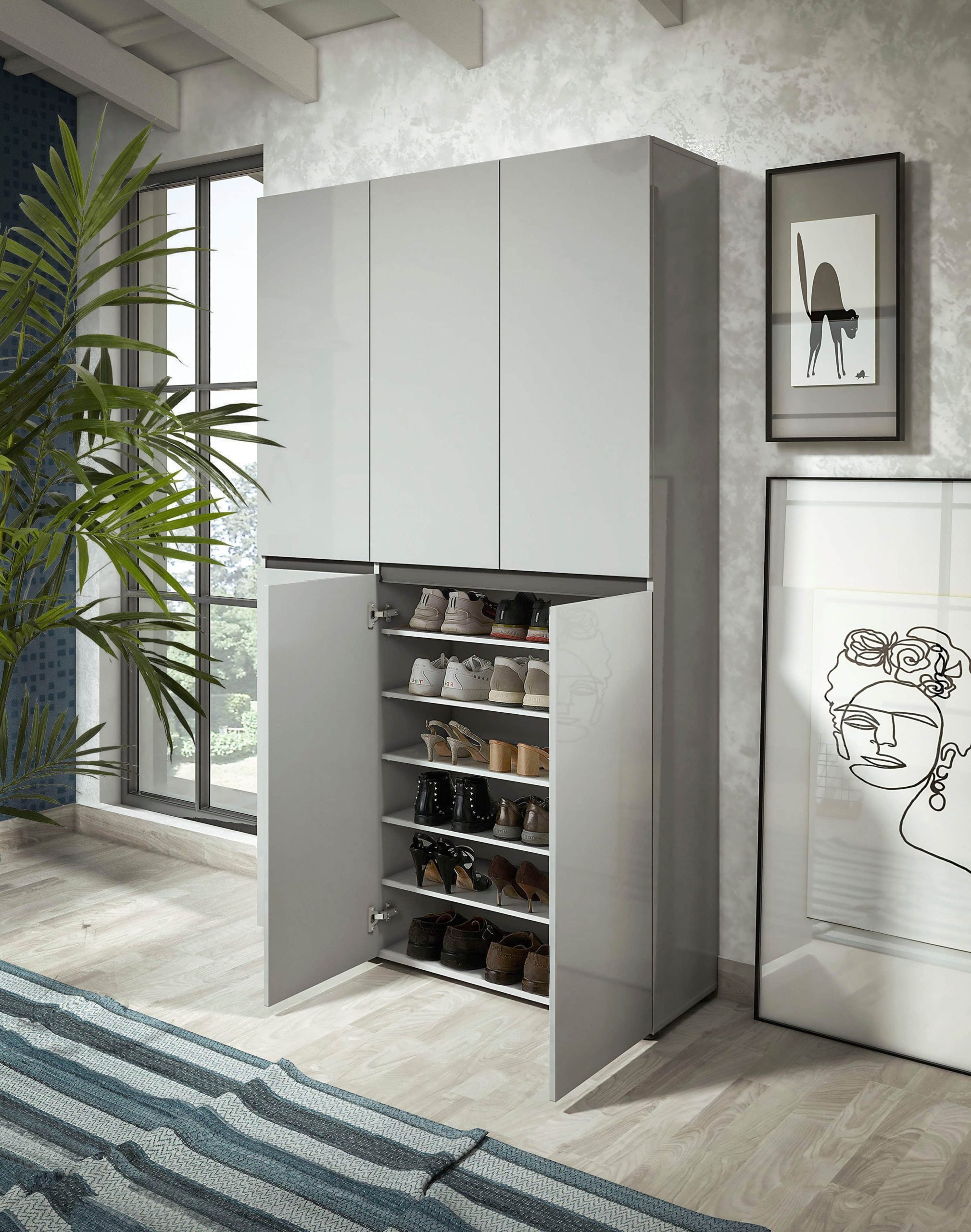 INOSIGN INOSIGN Schuhschrank 'Mister' | 6-Türig | 120x200 cm | Hochglanzfront mit Kacheloptik | FSC®-Holz | Platz für 30 Paar Schuhe grau Schränke