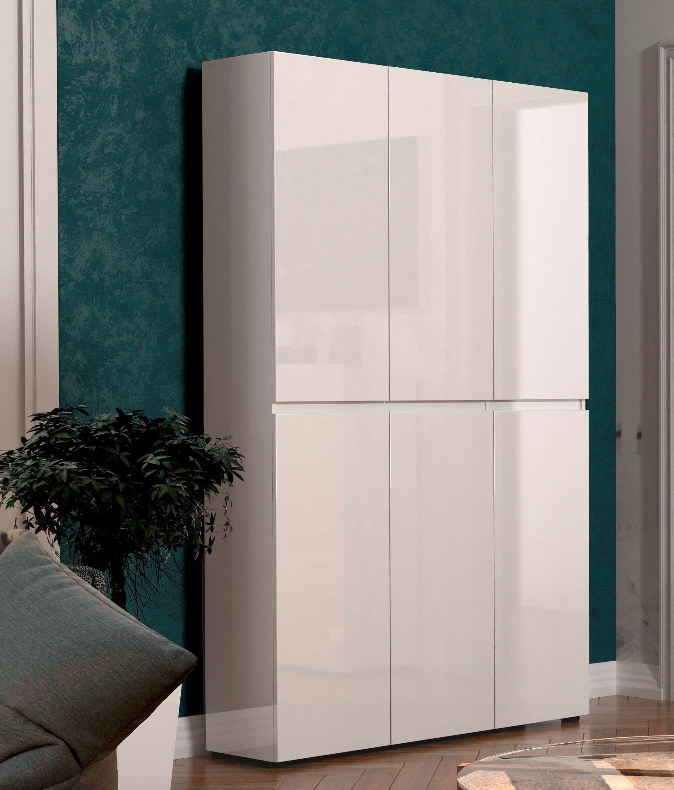 Schränke INOSIGN INOSIGN Schuhschrank 'Mister' | 6-Türig | 120x200 cm | Hochglanzfront mit Kacheloptik | FSC®-Holz | Platz für 30 Paar Schuhe weiß