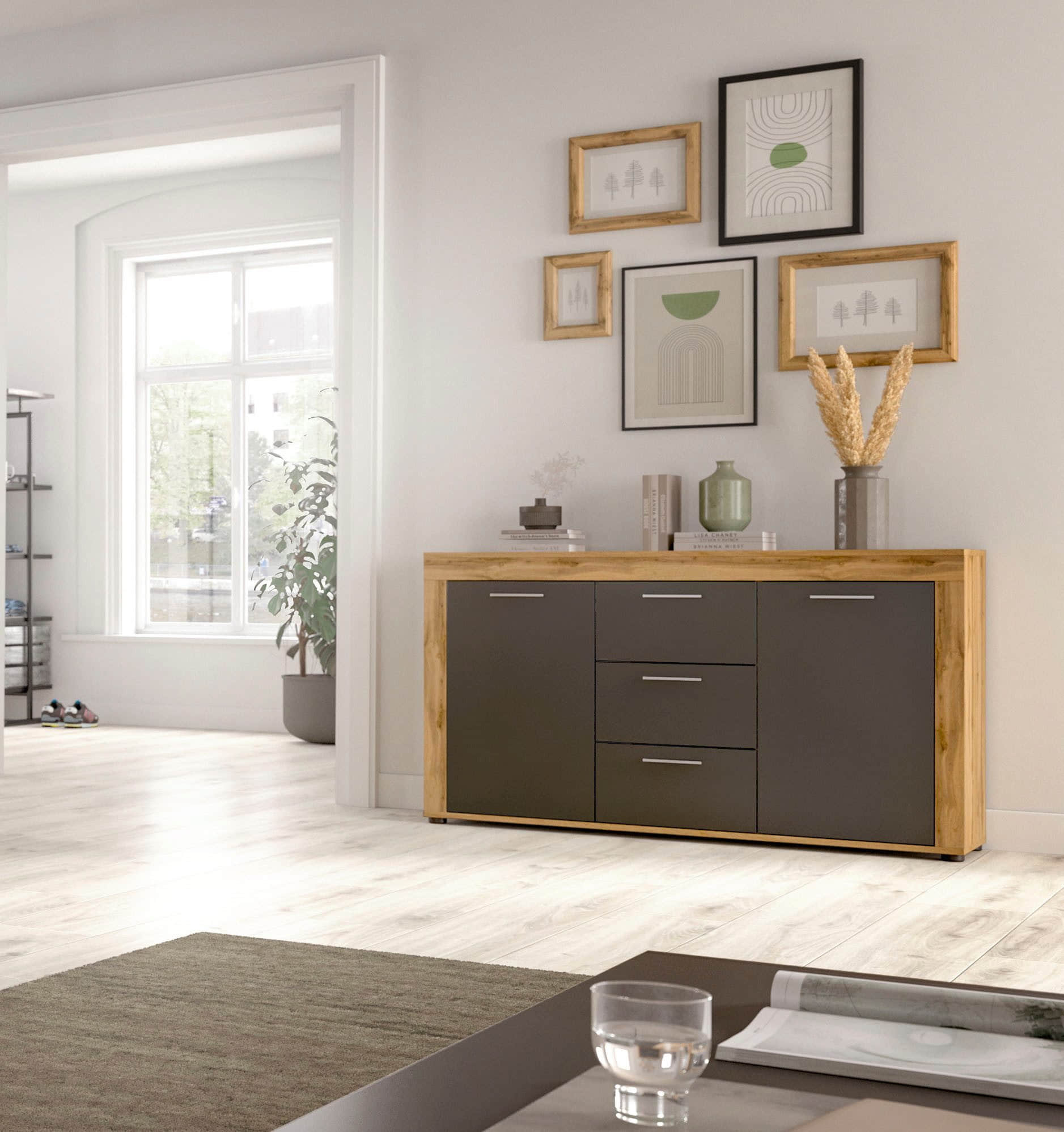 INOSIGN Sideboard »Aosta« 125 cm Breite – Moderner Schrank mit 2 Türen & 3 Schubladen für Wohnzimmer | Elegante Kommode in verschiedenen Farben wotan eich Kommoden & Sideboards INOSIGN
