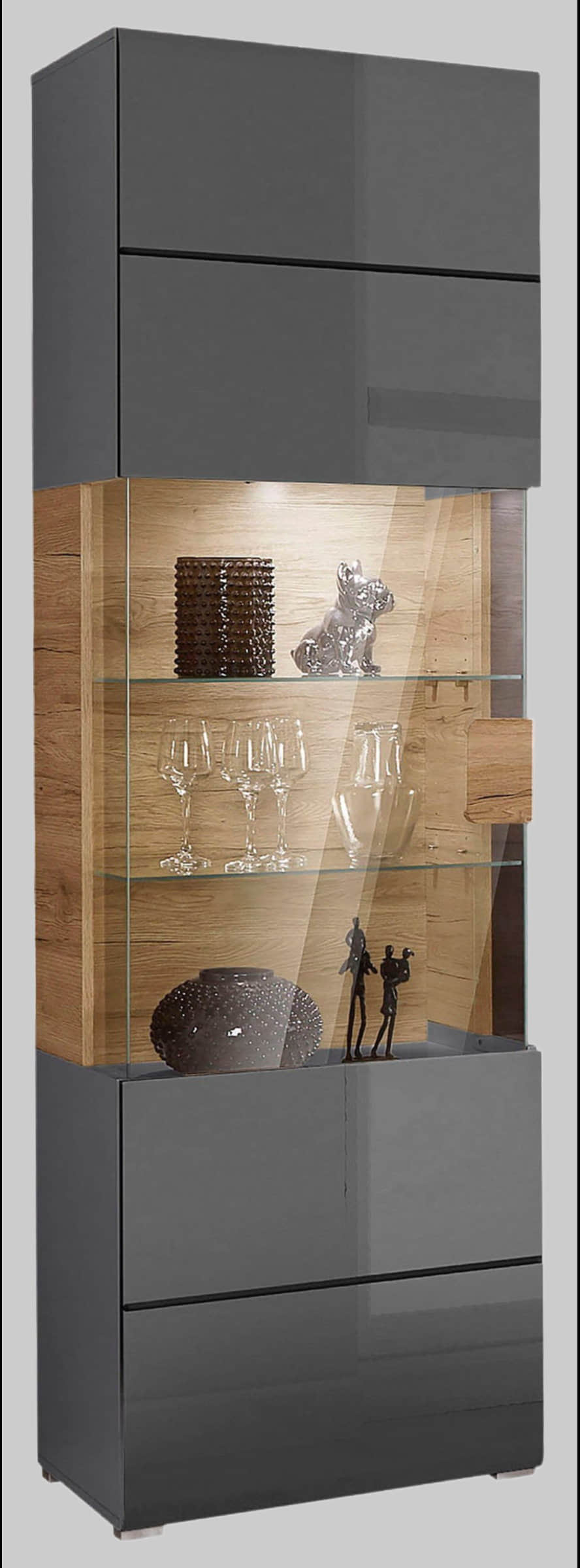 INOSIGN Schränke INOSIGN Vitrine »Toledo« 204 cm – Moderne Glasvitrine mit hochglänzender MDF-Front & dekorativen Fräsungen | Viel Stauraum antrazit/a