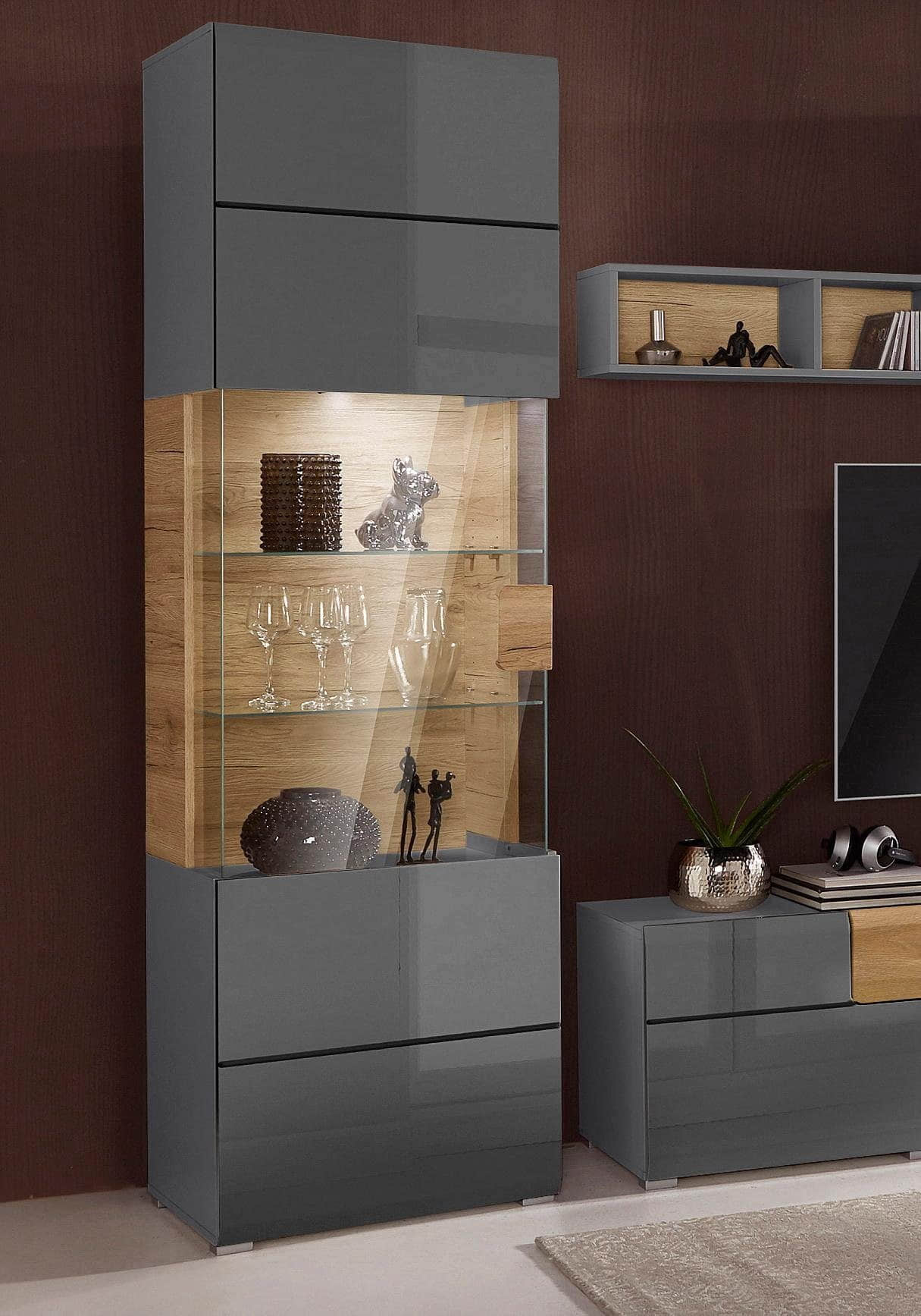 INOSIGN Schränke INOSIGN Vitrine »Toledo« 204 cm – Moderne Glasvitrine mit hochglänzender MDF-Front & dekorativen Fräsungen | Viel Stauraum antrazit/a