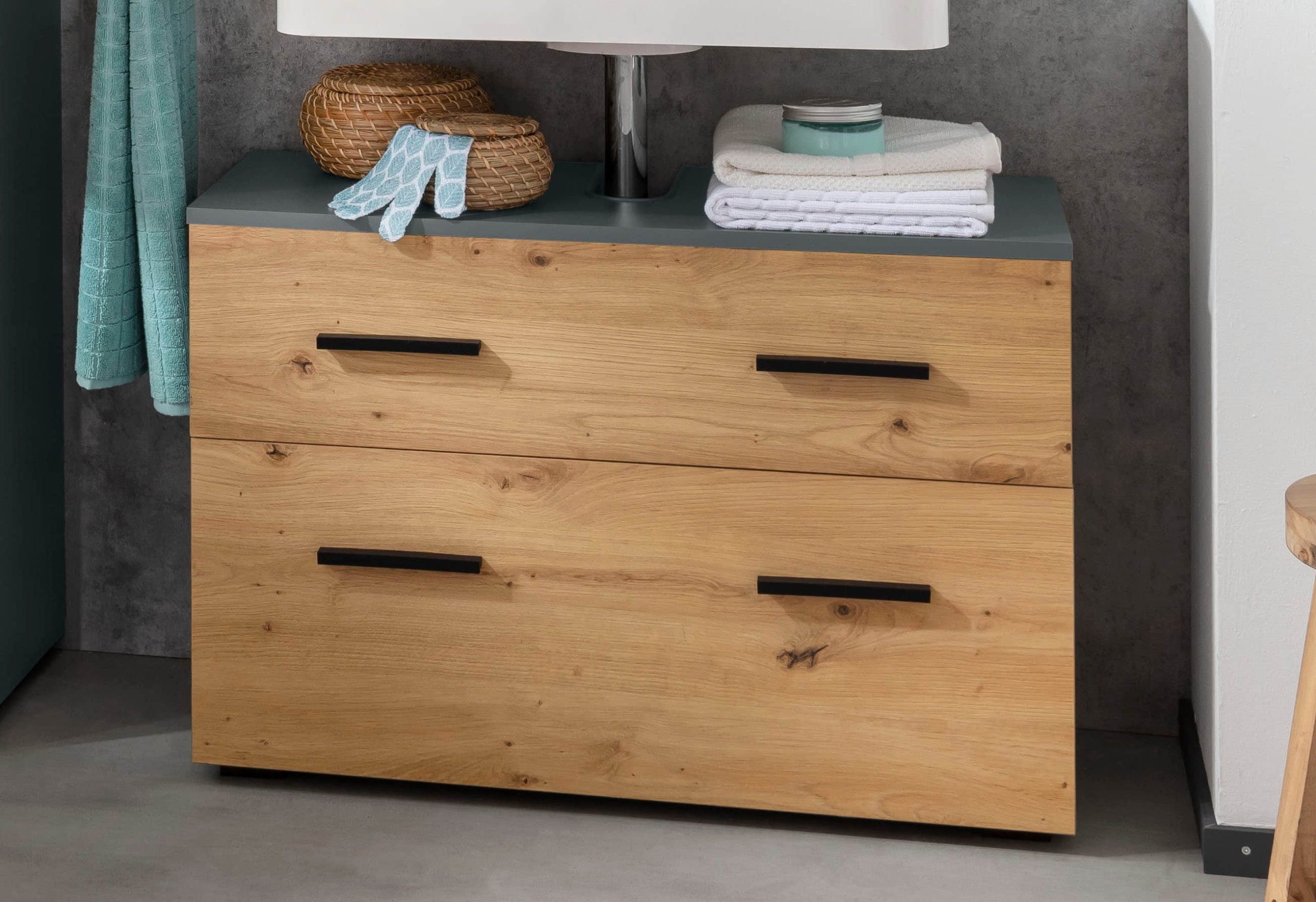 INOSIGN Schränke INOSIGN Waschbeckenunterschrank Skara 80 cm - Moderner Badschrank mit Schubkasten & Klappe, schwarze Griffe, Höhe 55 cm, FSC®-Holzwerkstoff anthrazit/