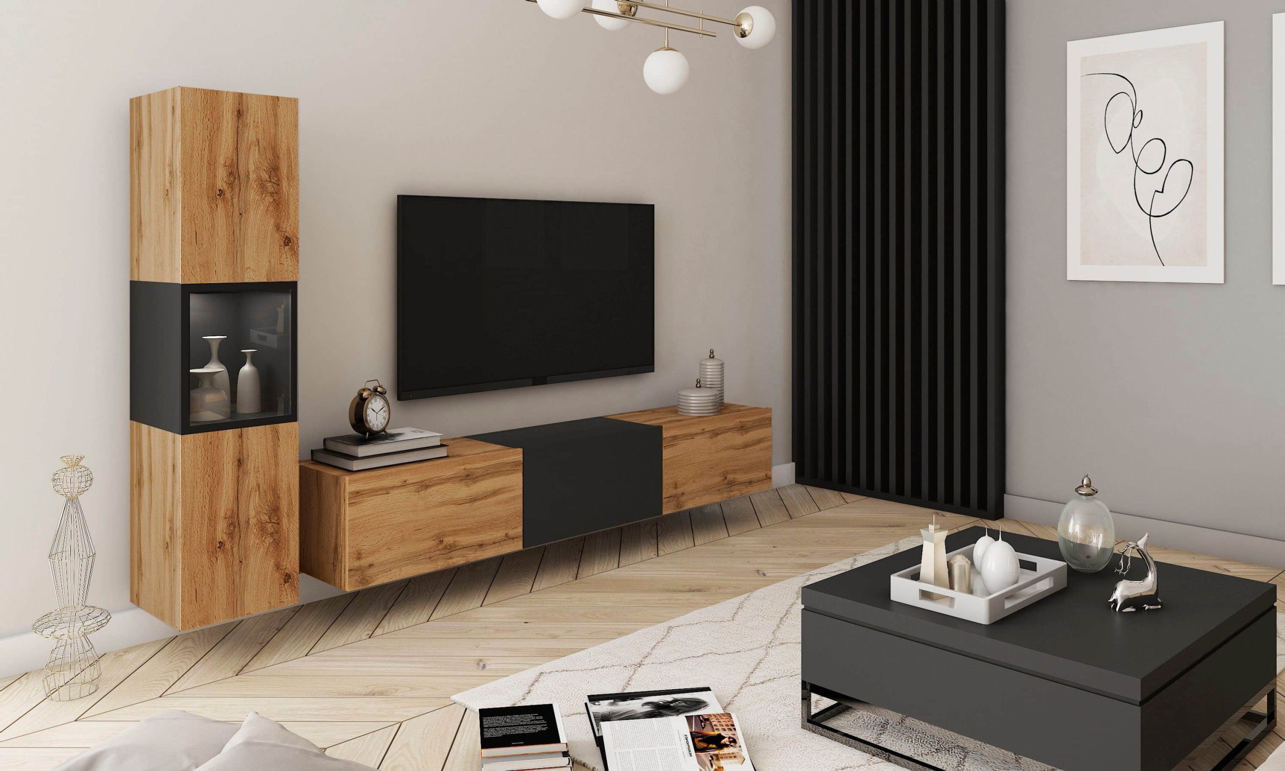 INOSIGN Wohnwände INOSIGN Wohnwand BERLIN I (2-teilig) – Moderne Mediawand 220 cm mit Vitrine & Lowboard | Griffloses Design | Hochwertige Materialien eichefarbe