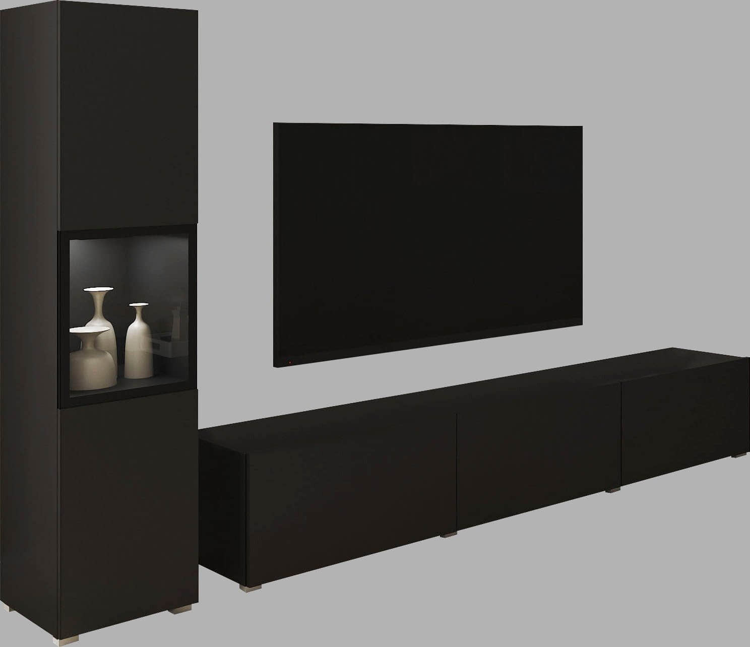 Wohnwände INOSIGN INOSIGN Wohnwand BERLIN I (2-teilig) – Moderne Mediawand 220 cm mit Vitrine & Lowboard | Griffloses Design | Hochwertige Materialien graphite s