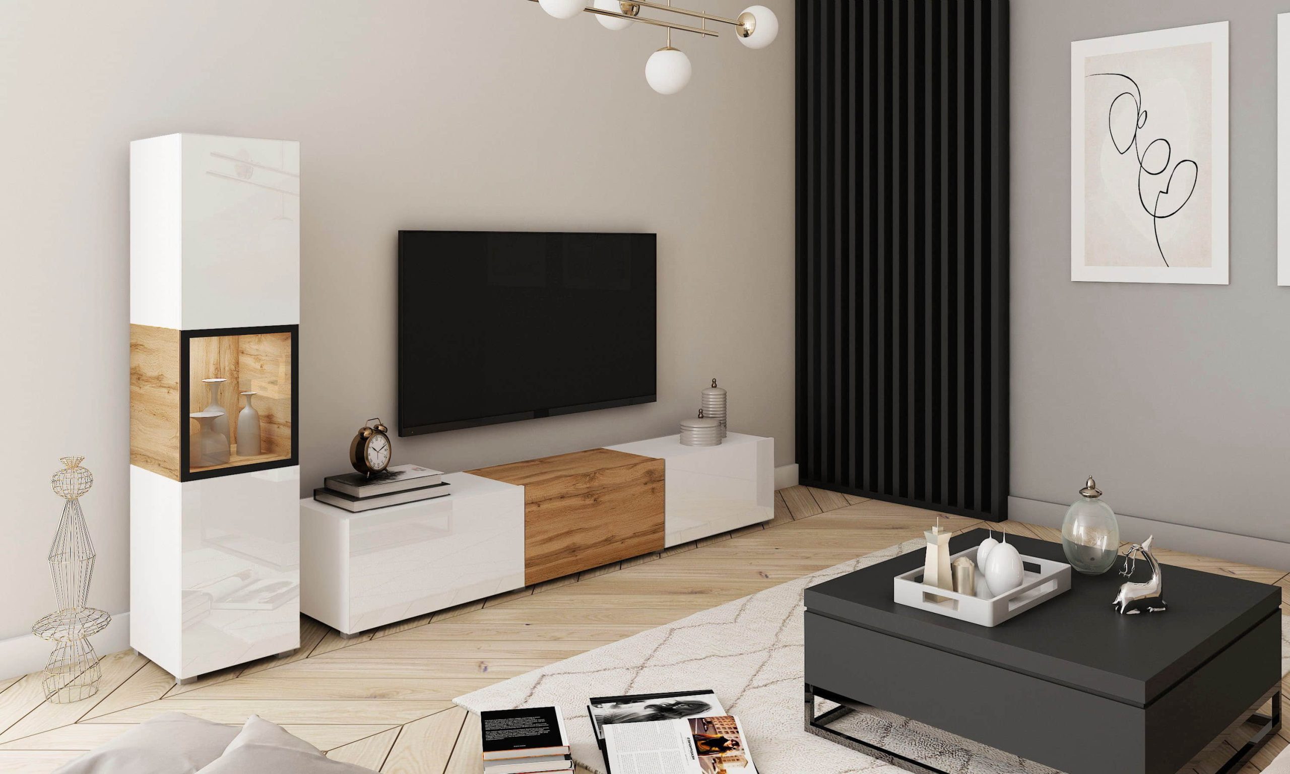 Wohnwände INOSIGN INOSIGN Wohnwand BERLIN I (2-teilig) – Moderne Mediawand 220 cm mit Vitrine & Lowboard | Griffloses Design | Hochwertige Materialien weiß matt