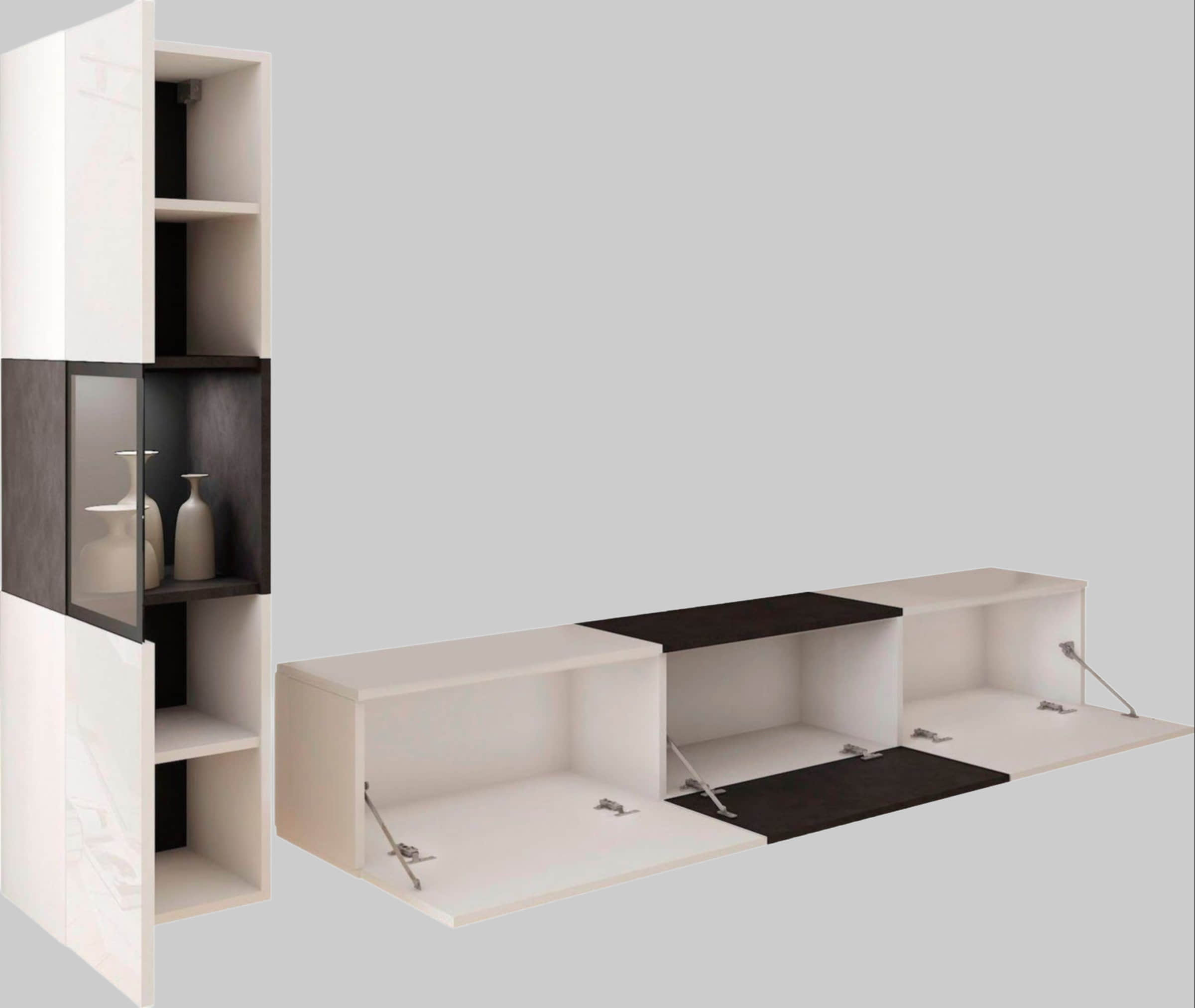 INOSIGN Wohnwände INOSIGN Wohnwand BERLIN I (2-teilig) – Moderne Mediawand 220 cm mit Vitrine & Lowboard | Griffloses Design | Hochwertige Materialien weiß matt