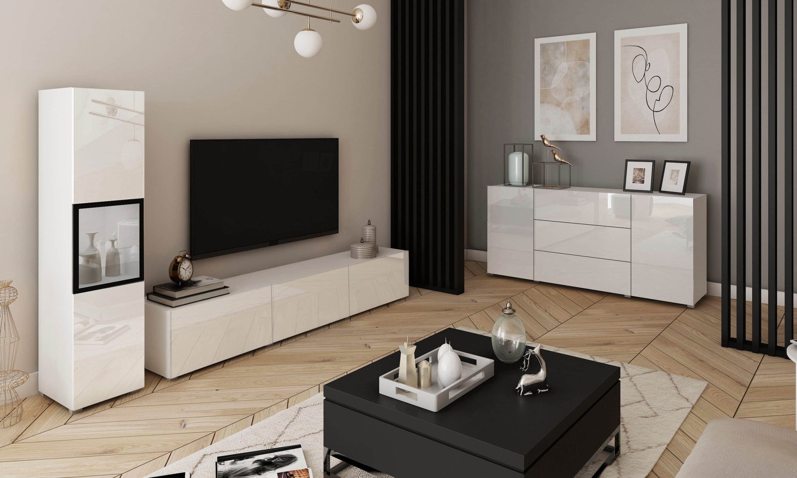 INOSIGN Wohnwand BERLIN I (2-teilig) – Moderne Mediawand 220 cm mit Vitrine & Lowboard | Griffloses Design | Hochwertige Materialien weiß matt/ Wohnwände INOSIGN