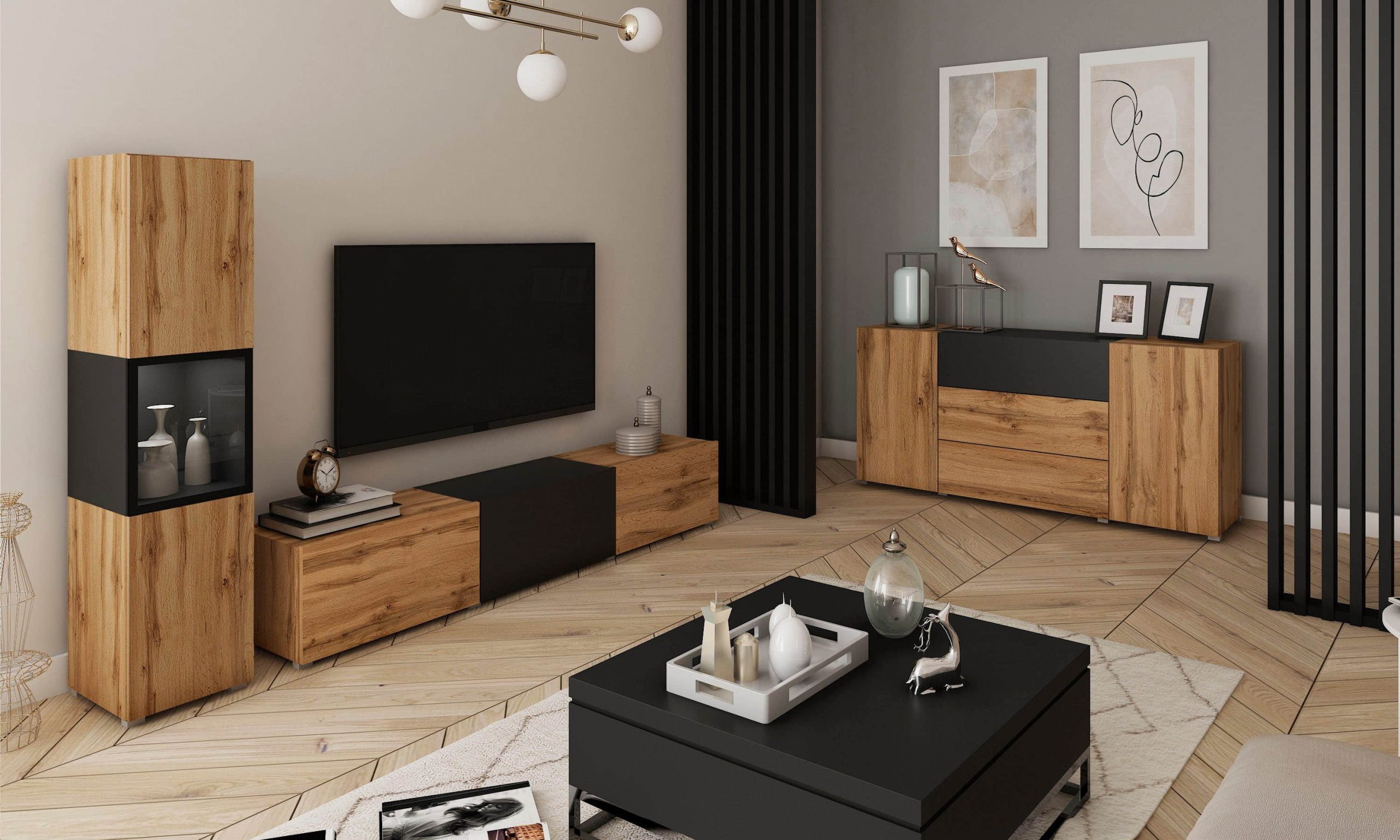 INOSIGN Wohnwände INOSIGN Wohnwand BERLIN I (2-teilig) – Moderne Mediawand 220 cm mit Vitrine & Lowboard | Griffloses Design | Hochwertige Materialien eichefarbe