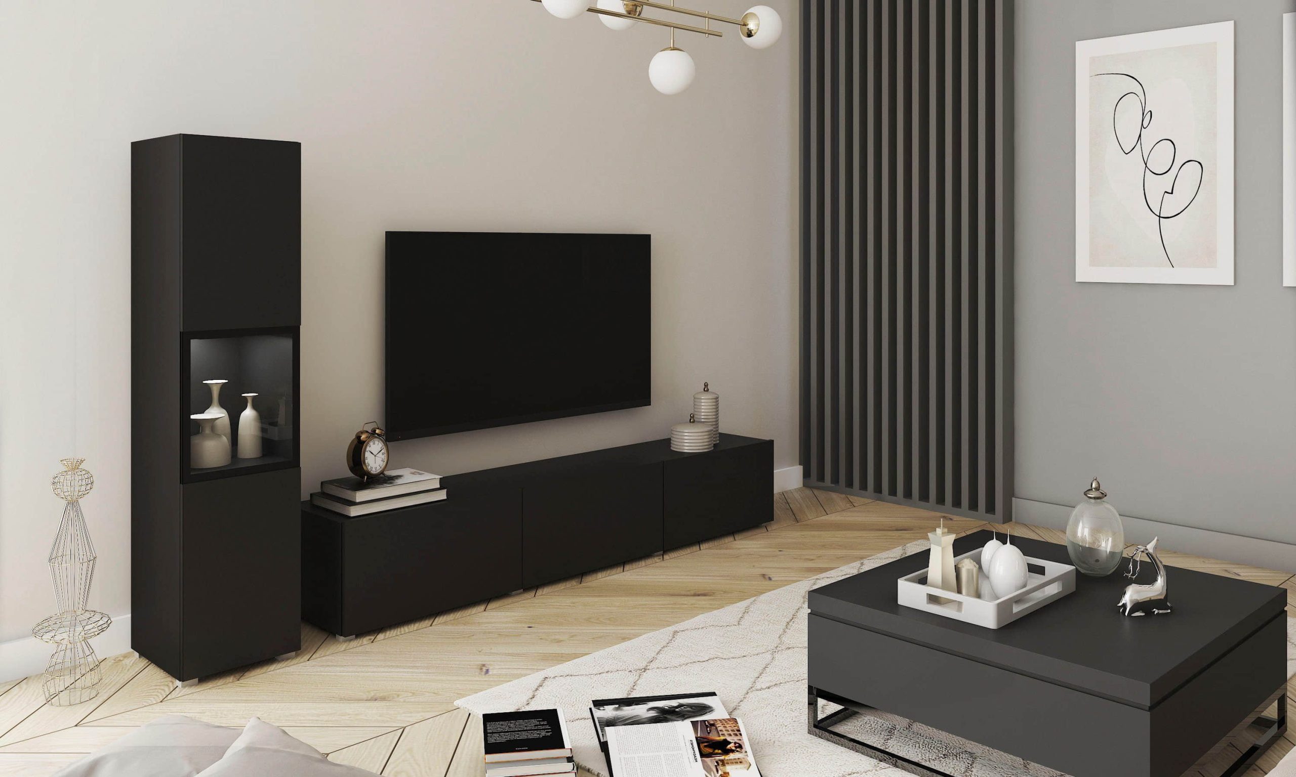 Wohnwände INOSIGN INOSIGN Wohnwand BERLIN I (2-teilig) – Moderne Mediawand 220 cm mit Vitrine & Lowboard | Griffloses Design | Hochwertige Materialien graphite s