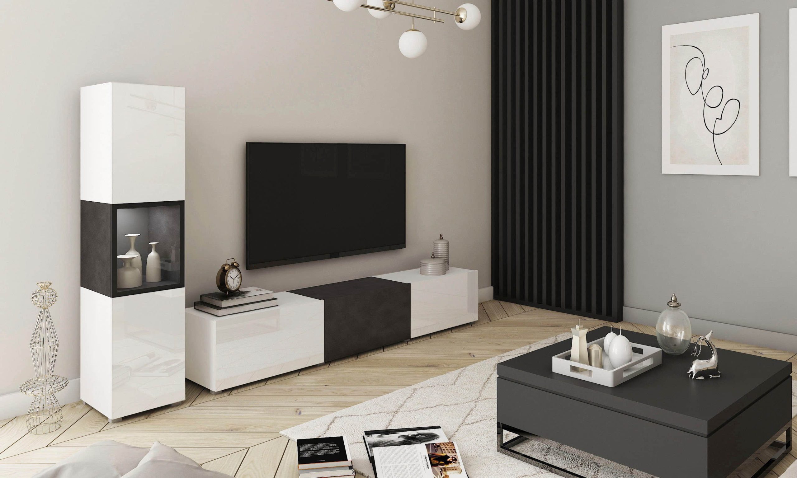 INOSIGN Wohnwände INOSIGN Wohnwand BERLIN I (2-teilig) – Moderne Mediawand 220 cm mit Vitrine & Lowboard | Griffloses Design | Hochwertige Materialien weiß matt