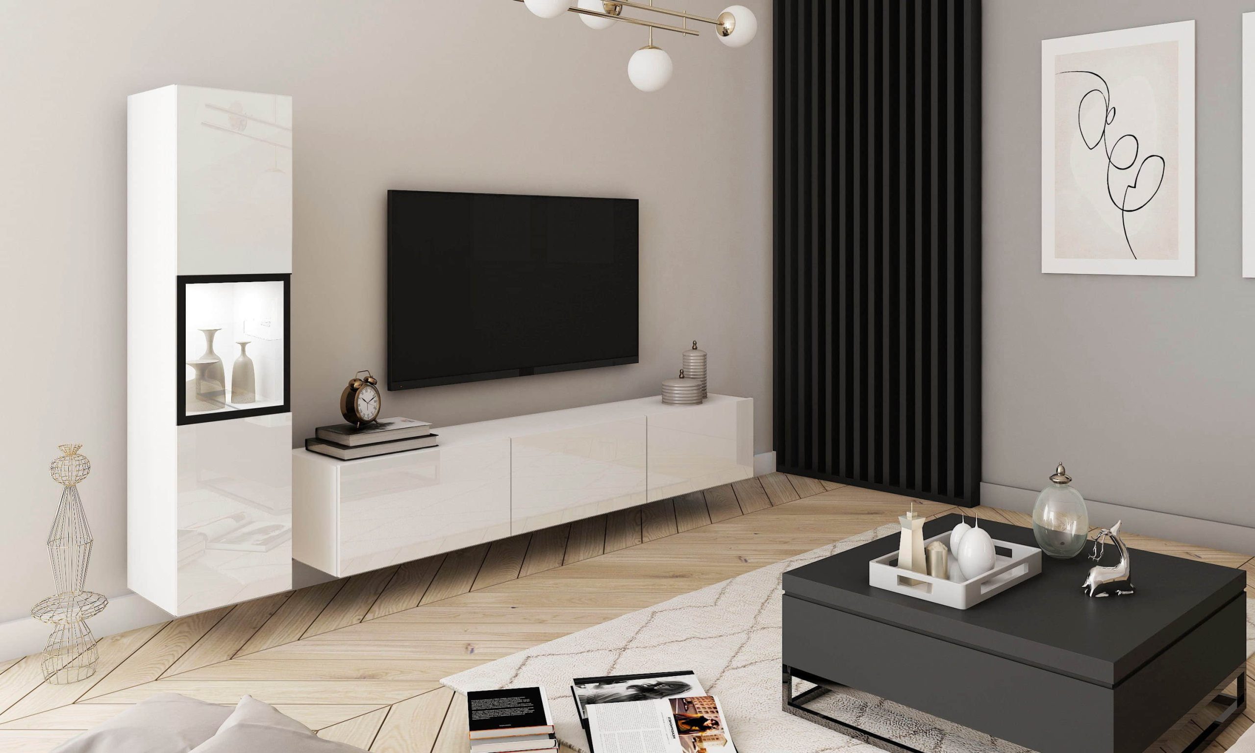 INOSIGN Wohnwand BERLIN I (2-teilig) – Moderne Mediawand 220 cm mit Vitrine & Lowboard | Griffloses Design | Hochwertige Materialien weiß matt/ Wohnwände INOSIGN